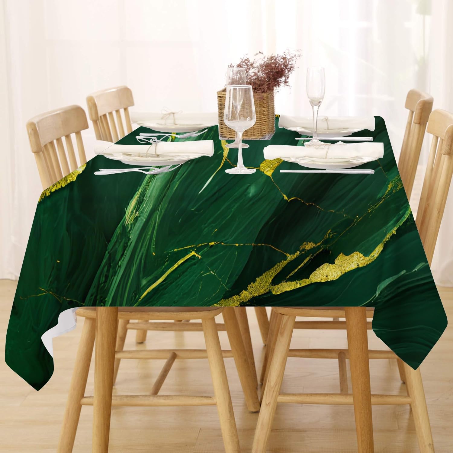 Emerald Green Gold Table Cloth Wipe Clean Rectangle 137x274 cm, Washable Wipeable Marble Tablecloth, Waterproof Dining Table Cover for 4-6 Seater Kitchen Outdoor Indoor Party Tabletop Decoration