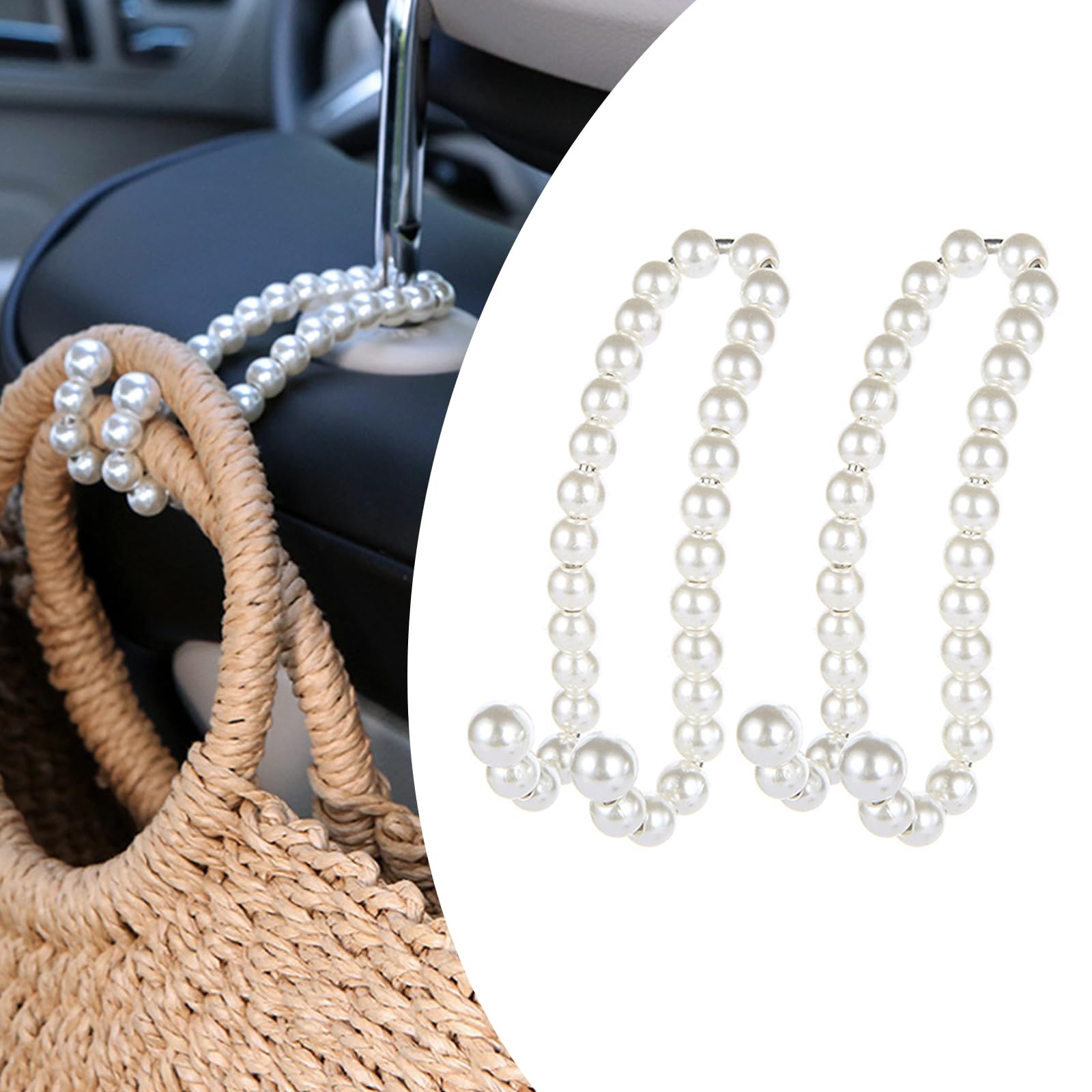 2 PCS Car Seat Headrest Pearl Hook, 4.72" Beautiful Trim Stainless Steel Strong Load-Bearing Hook, Multifunctional Hanging Storage for Backpack Cell Phone, Universal for Car Organizer (White)
