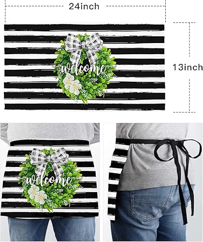 Miniatura 6 de Farmhouse Wreath Waitress Waiter Server Apron with PocketsWelcome Rustic Boxwood Black Stripe Waist Half Waterproof Cooking Kitchen BBQ Grill Chef