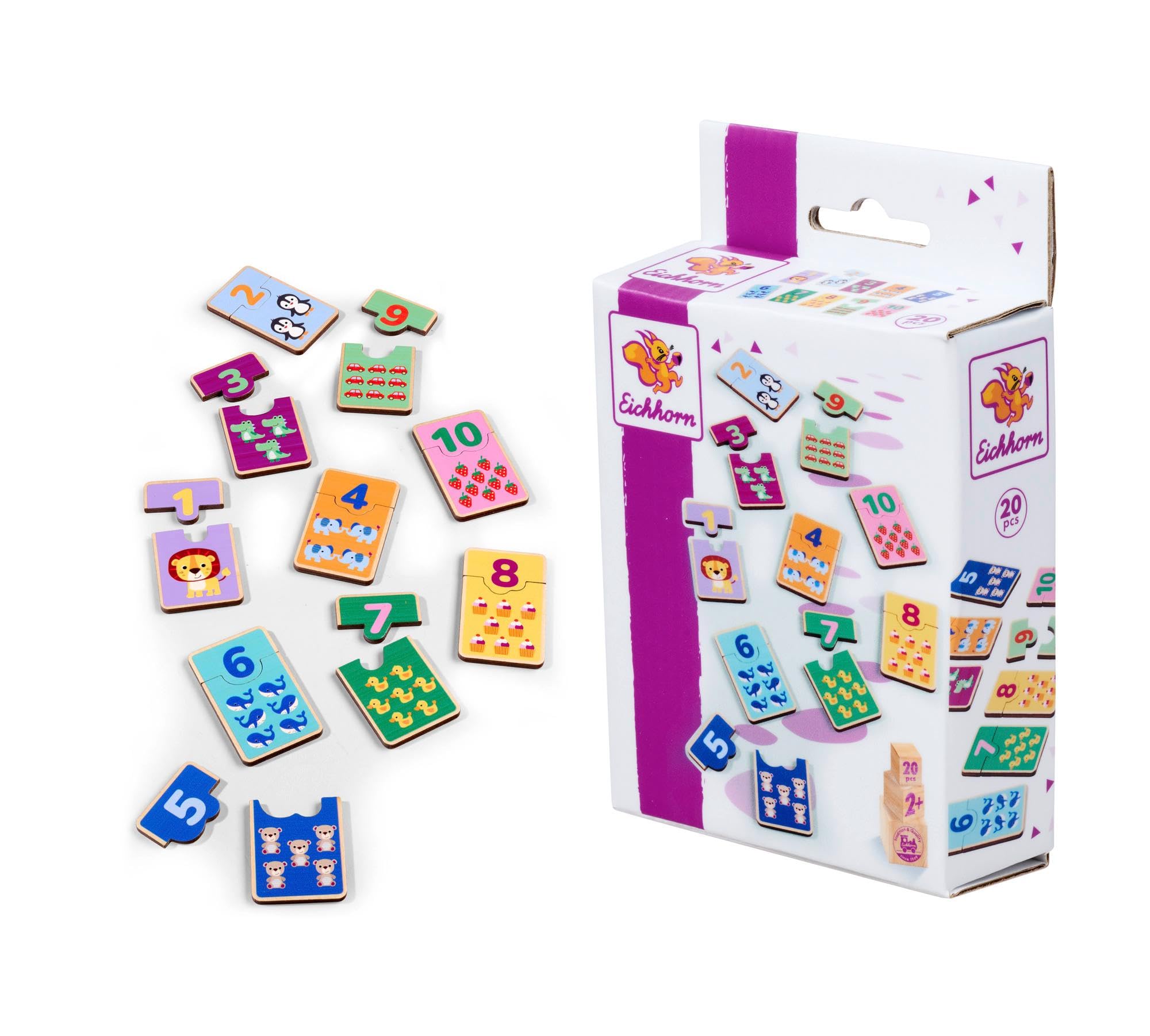 Eichhorn Games - Learn Numbers, Numbers from 1 to 10 with Different Shapes, 20 Pieces, Made of Linden Plywood, from 2 Years
