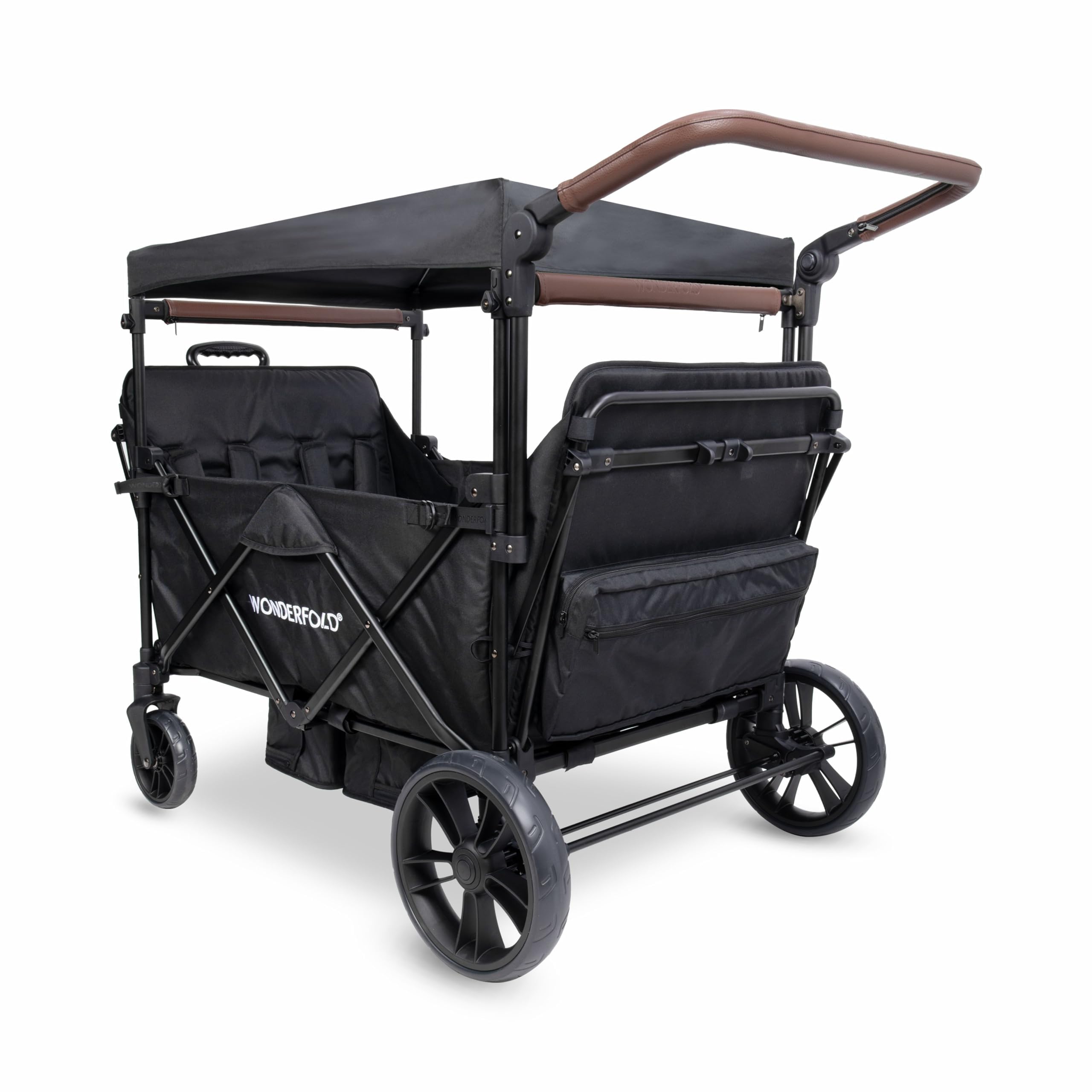 WONDERFOLD X4R Rev Passeggino Wagon (4 posti) – Passeggino pieghevole con cinture di sicurezza a 5 punti, sedili reclinabili e vano piedi, nero