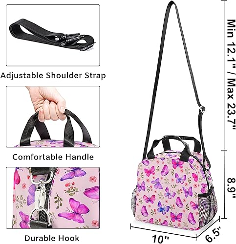Miniatura 4 de Lamtwbos Lonchera aislada con mariposa morada, para mujeres y niñas, impermeable, bolsa térmica para el trabajo escolar con correa ajustable para el