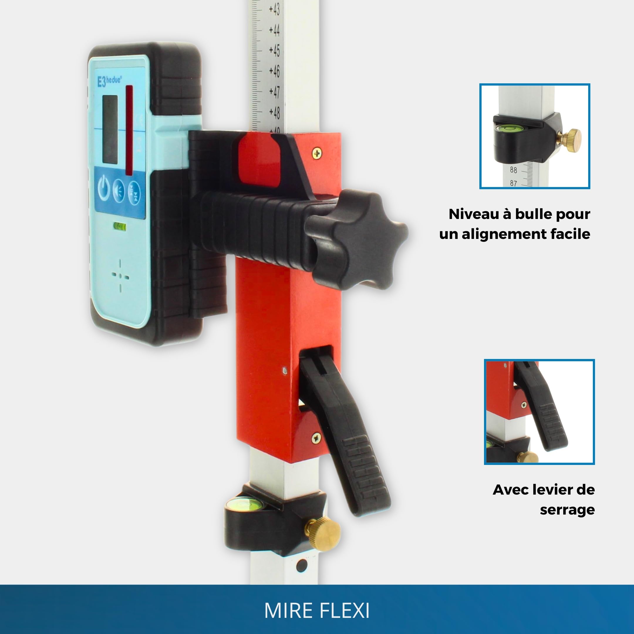 Mire télescopique Flexi – Mire de nivellement pour laser rotatif avec support récepteur, règle aluminium anodisé 1,31–2,42 m