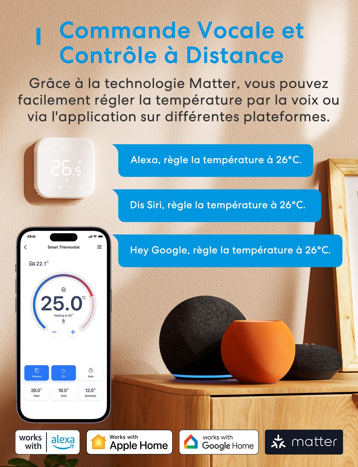 Meross Thermostat Connecté Matter pour Chaudière Gaz/Chauffage au Sol à Eau | Thermostat WiFi Compatible avec Apple Home, Alexa et Google Home, Capteur Externe, Détection de Fenêtre Ouverte, Blanc