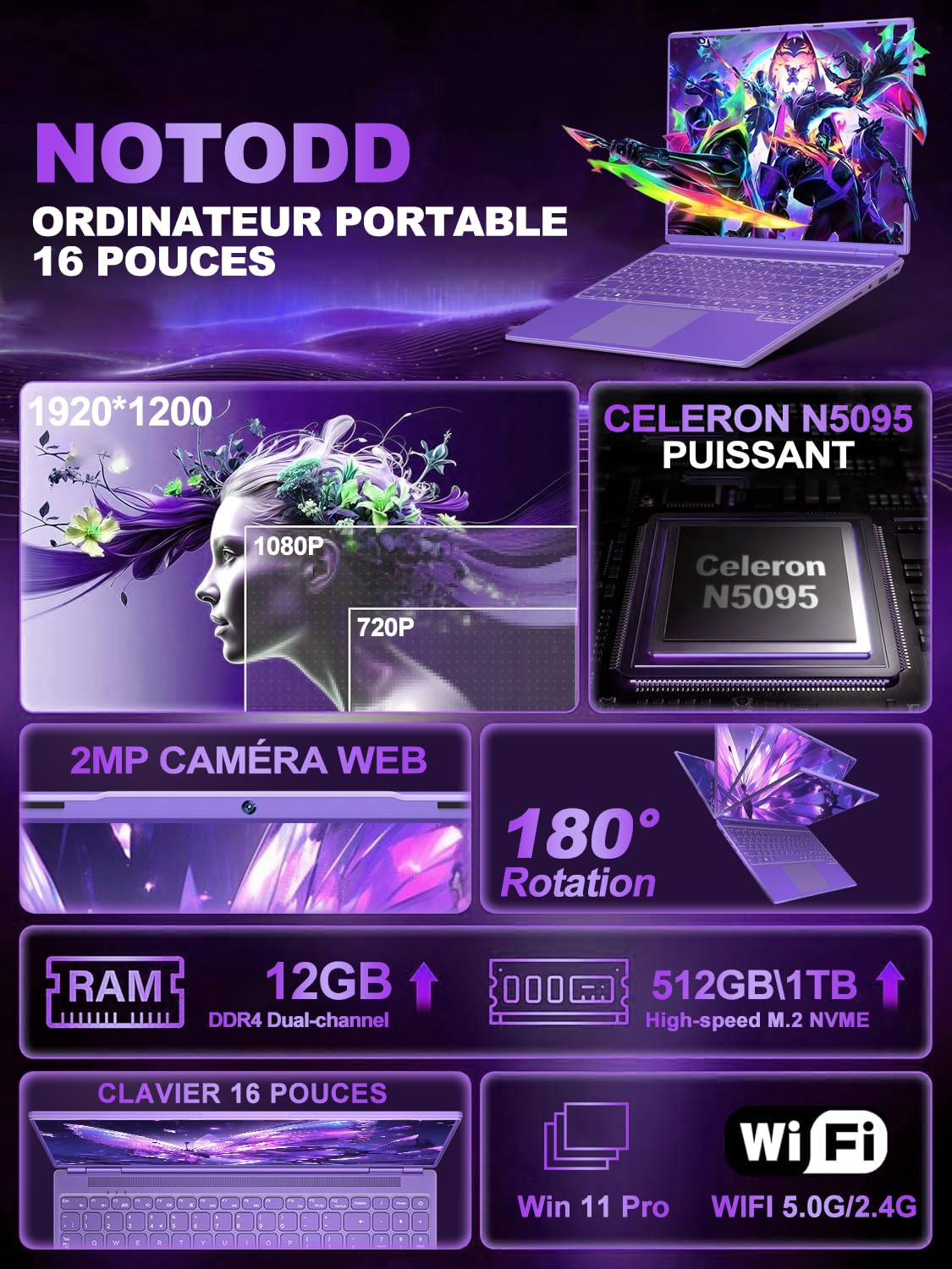 NOTODD Ordinateur Portable 16 Pouces, 4 cœurs Celeron N5095 (jusqu'à 2,9 GHz) 12+512GB SSD Soutien Extension 1TB,PC Portable Gamer Win11 avec 5G WiFi 1920x1200 BT4.2 AZERTY Clavier Couverture-Violet