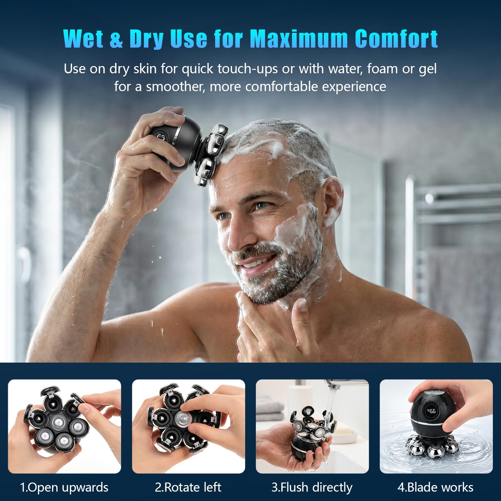 BEE&FLOWER The Ultimate Shaver - Rasoio per uomini e donne, indolore, Wet & Dry, impermeabile, per rimuovere i peli di testa calva, gambe, viso, ricaricabile, con display a LED (nero)