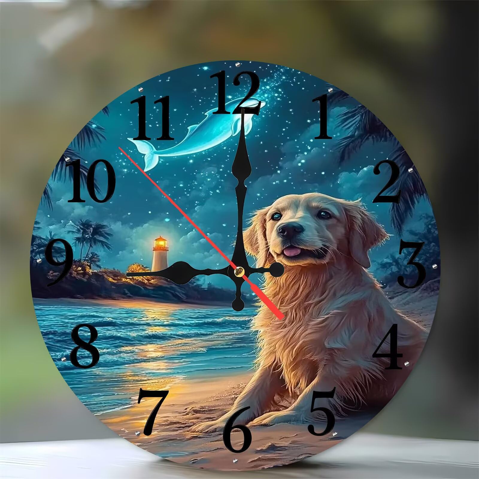 Horloge murale en bois ronde 35 cm chiens de plage déco