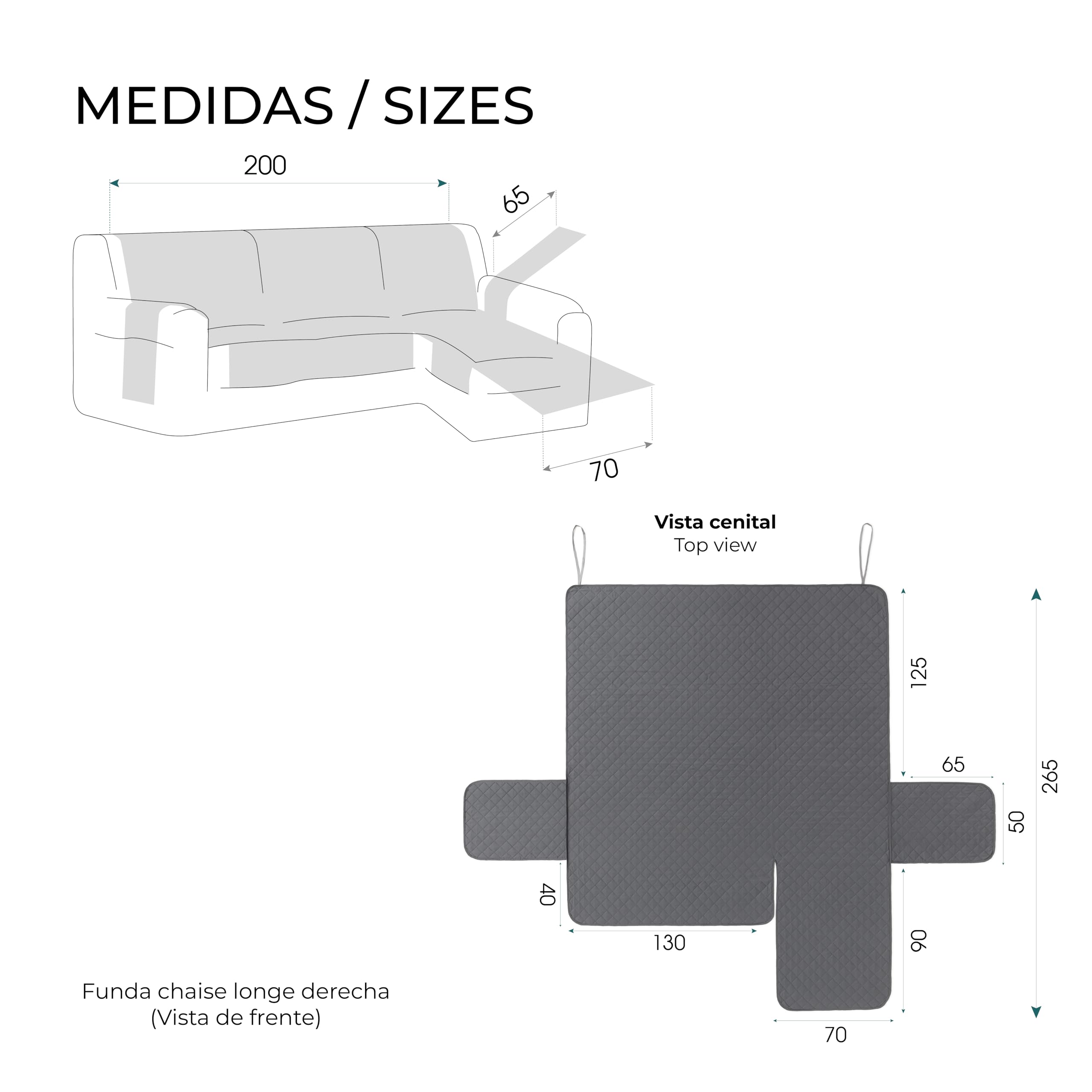 Funda Cubre Chaise Longue Acolchada Due 200 cm, Brazo Derecho, Color Gris, Protector de Sofá Universal, Tacto Suave y Resistente, Ideal para Mascotas, Fabricada en España