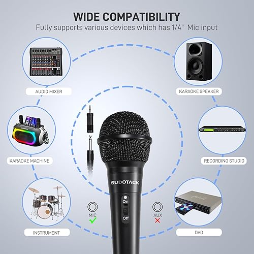 Miniatura 5 de SUDOTACK Micrófono de karaoke con cable de mano Micrófono vocal dinámico para altavoces de sistema PA AMP con cable de 9.84 pies e interruptor de