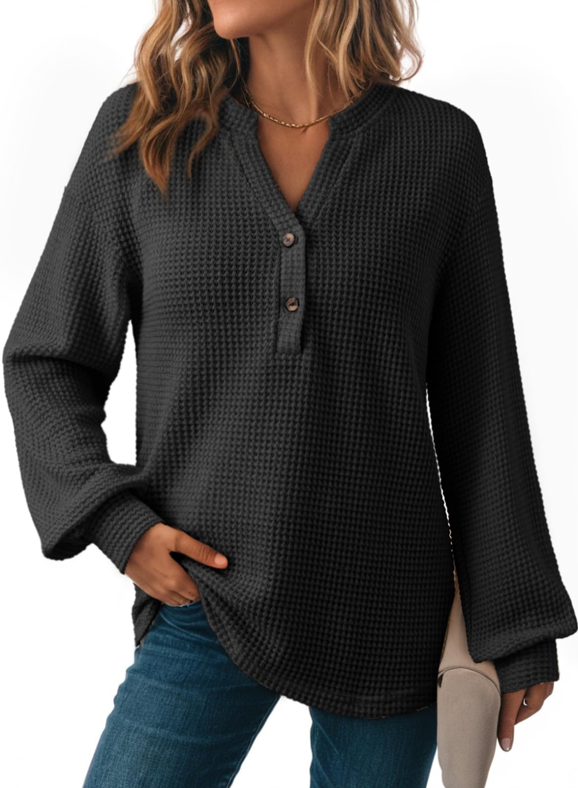 Dokotoo Bluse Damen Langarm Waffel V-Ausschnitt Oberteile Herbst Pullover Sweatshirt Langarmshirt Tops Lässig Blusen Tuniken Einfarbig T-Shirts Oberteil S-XXL