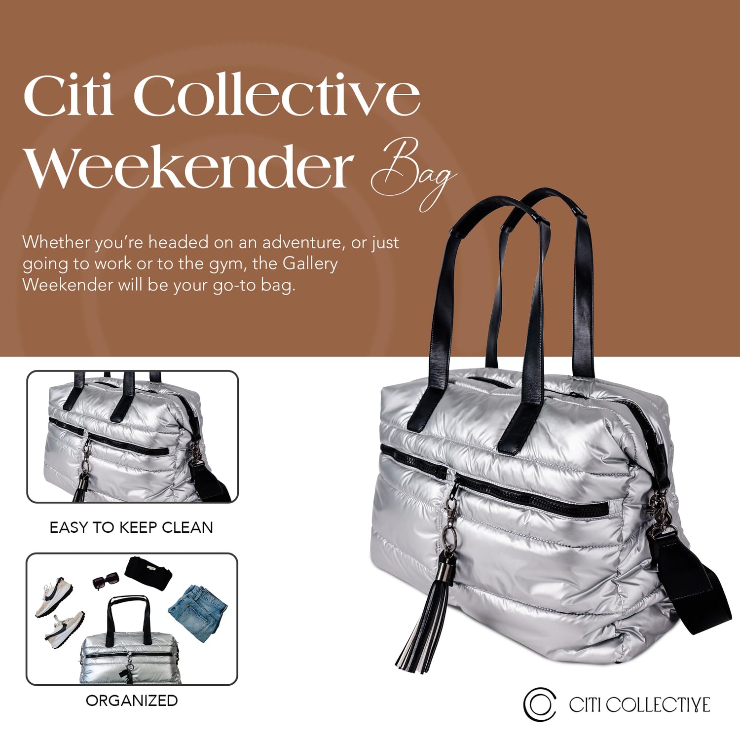 Citi Collective Gallery Weekender Bags for Women-Silver | Versatile Work Bag | Travel Bag with Adjustable Straps for women | Laptop sleeve inside comes with bonus shoe bag & more