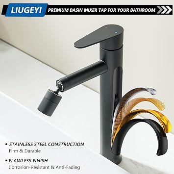 Tall Bathroom Basin Mixer Tap with 360° Swivel Spout, High Rise Bathroom Sink Faucet, Matte Black Tall Round Mono Mixer Basin Taps