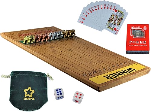 Miniatura 10 de STARPPLE Juego de mesa de carreras de caballos de metal con tablero de juego de madera gruesa y maciza de carreras de caballos, 11 caballos clásicos