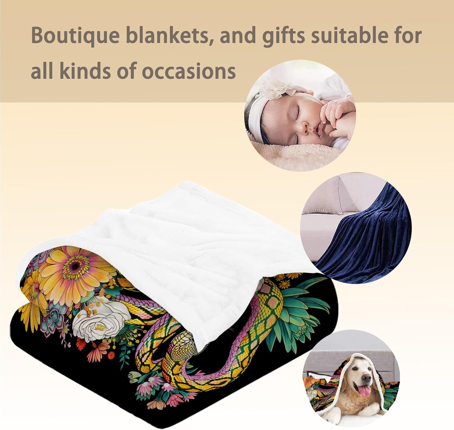 Snake with Colorful Flowers Blanket - Soft Cozy Lightweight Flannel Throw Blanket for Adults Kids, Warm Fluffy Fuzzy Blankets for Couch, Bed, Travel, Outdoor Use, Home Decor 60×50 in - Image 5