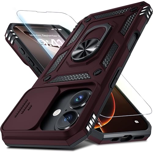 Janmitta Case for iPhone 14 Pro Phone Cover Built in Slide Camera Lens Cover+Screen Protector,Heavy Duty Shockproof Full Body PhoneCase with Finger Ring Holder Kickstand,Wine Red