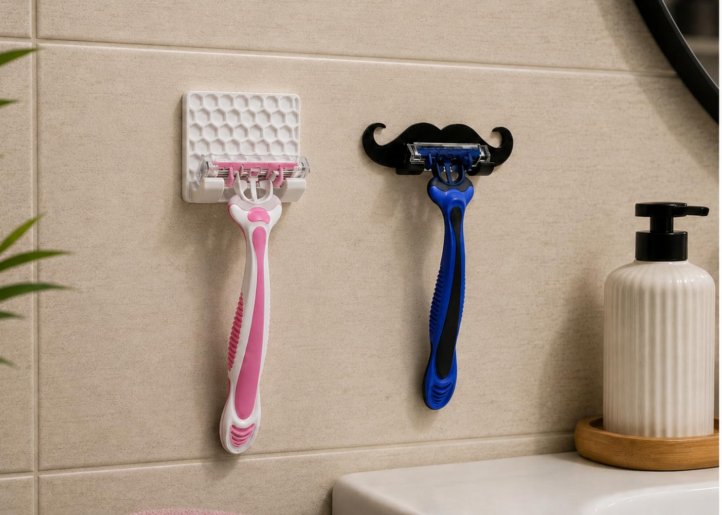 Wall-Mounted Razor Holder, Space-Saving Bathroom Storage, Moustache Style, Lightweight, for Shower and Dorm Use (Pack of 2)-image-1