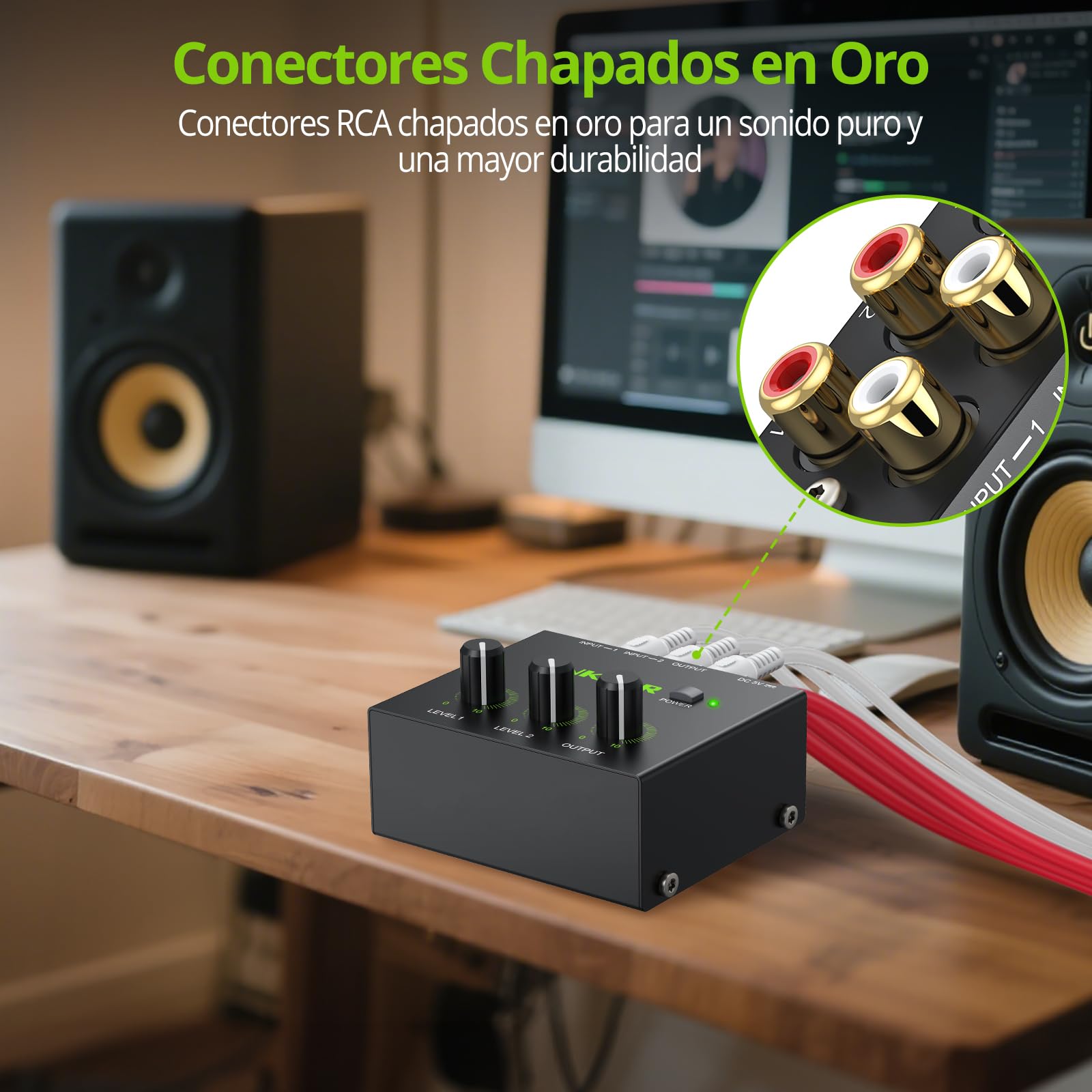 LiNKFOR Mini Mezclador de Audio RCA de 2 Canales,Mezcla de Sonido con Adaptador de Corriente Soporta Control de Volumen para PC/Altavoz/Amplificador