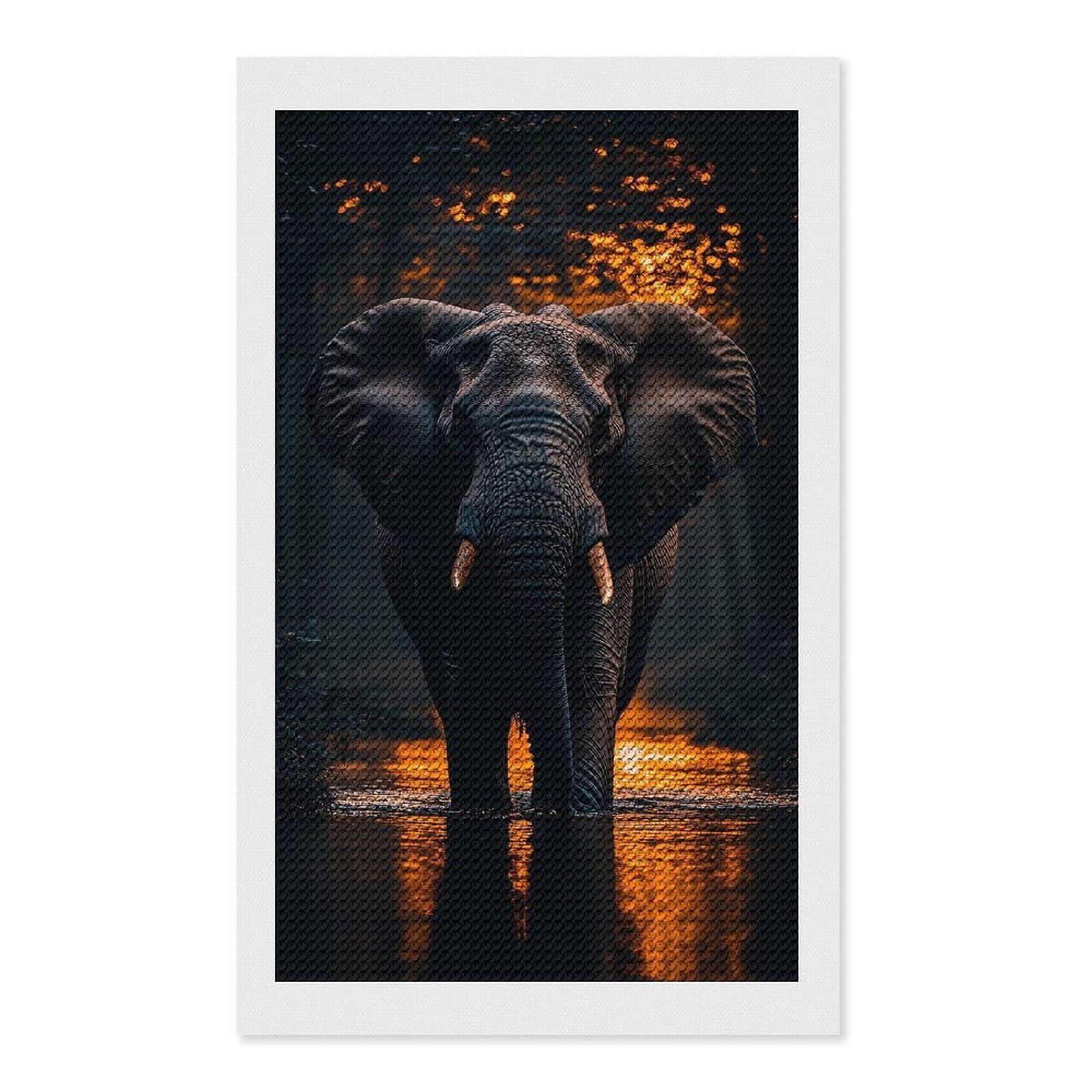 Junmoney Elephant in Water at Night 5D Diamond Painting Kit 12"x20", Relaxing DIY, Mindful Craft Project, Full Kit Included, Thoughtful Present