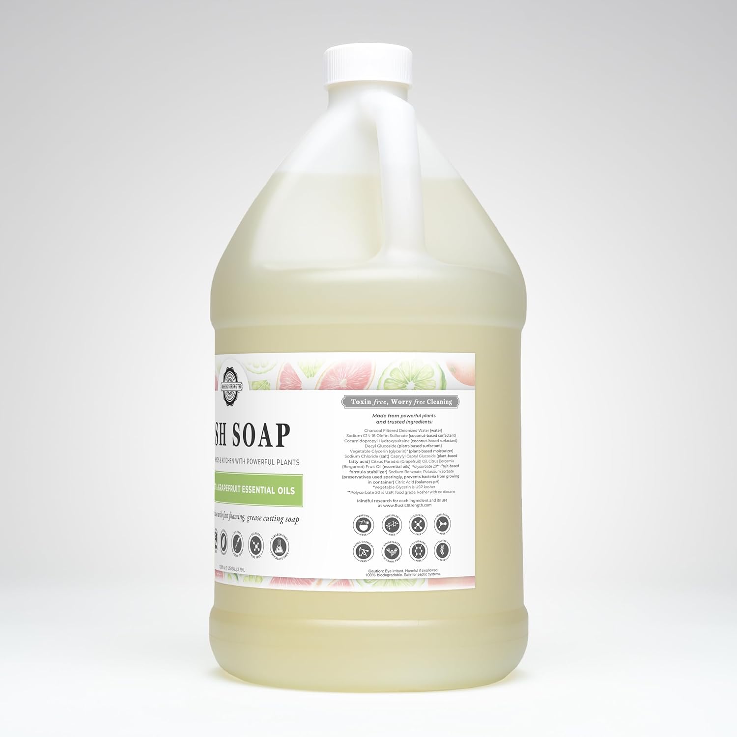 Rustic Strength Natural Dish Soap, Bergamot & Grapefruit, High-Lathering, Concentrated, Biodegradable, Plant-Based Formula, Gallon, Plastic