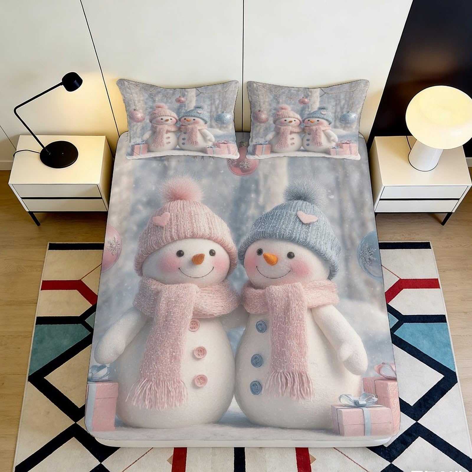 3D Printed Cute Snowman Fitted Sheet Microfiber Soft Winter Cartoon Bed Cover for Bedroom Guestroom Mattress Decor 90x200x25cm