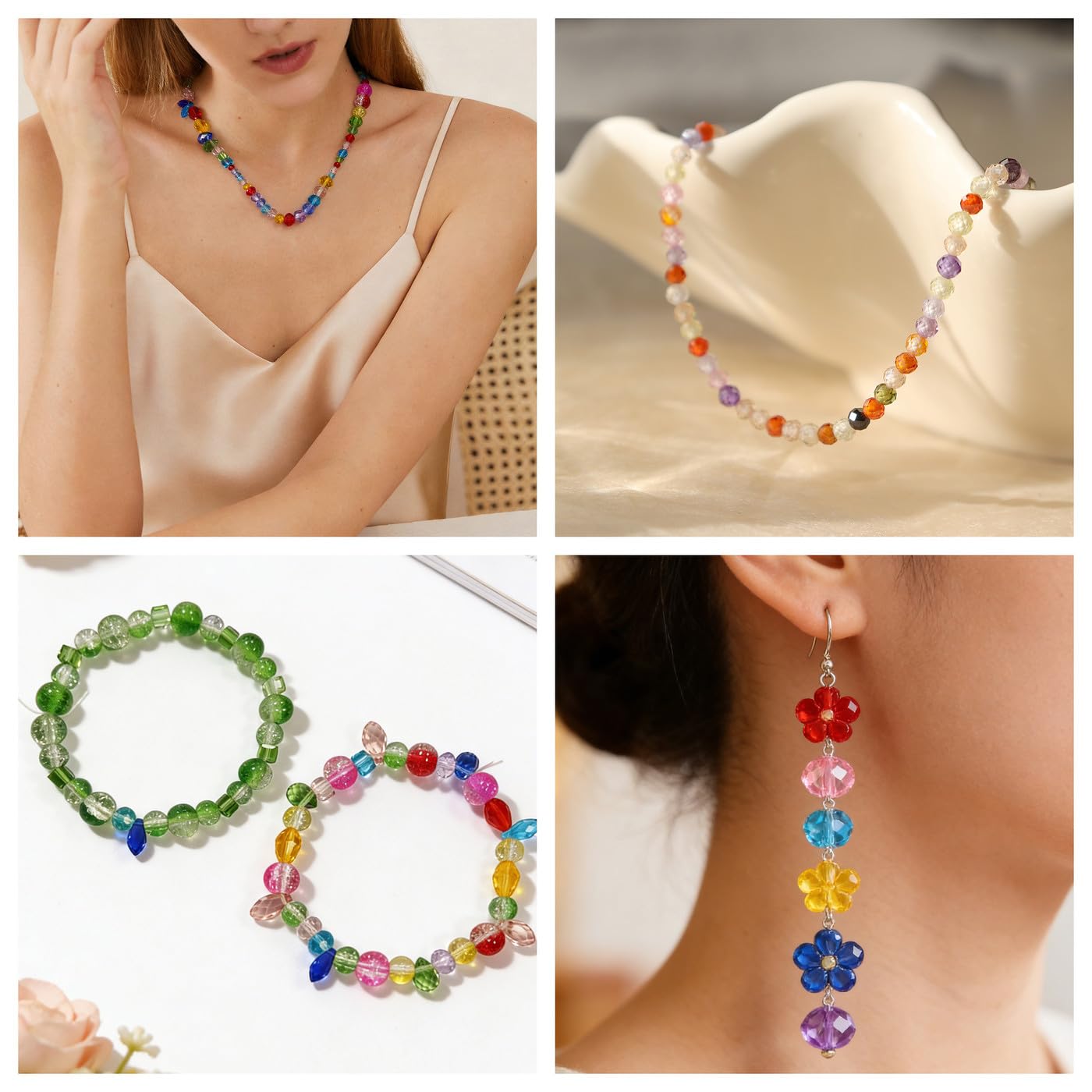 1200 Stück Glas Perlen für Armbänder, 4/6/8 mm Glasperlen zum Auffädeln mit Behälterbox, Grüne Perlen Kristallperlen, Glass Beads mit Loch für Basteln & Diy