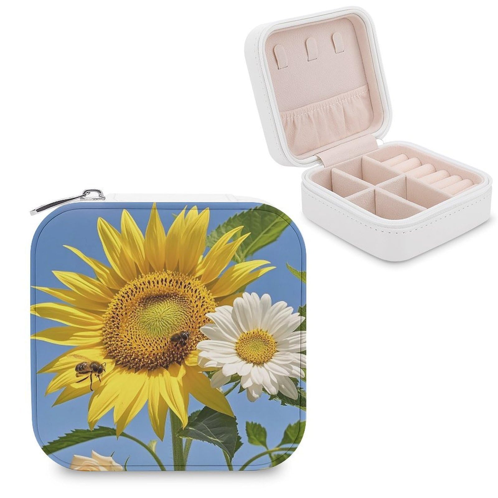 FekiLoot Bees Sunflowers Daisy Rose Flowers Travel Jewelry Box Small Jewelry Organizer Storage Case Portable PU Leather Mini Jewellry Travel Case Necklace Ring Storage Organizer Gift for Women