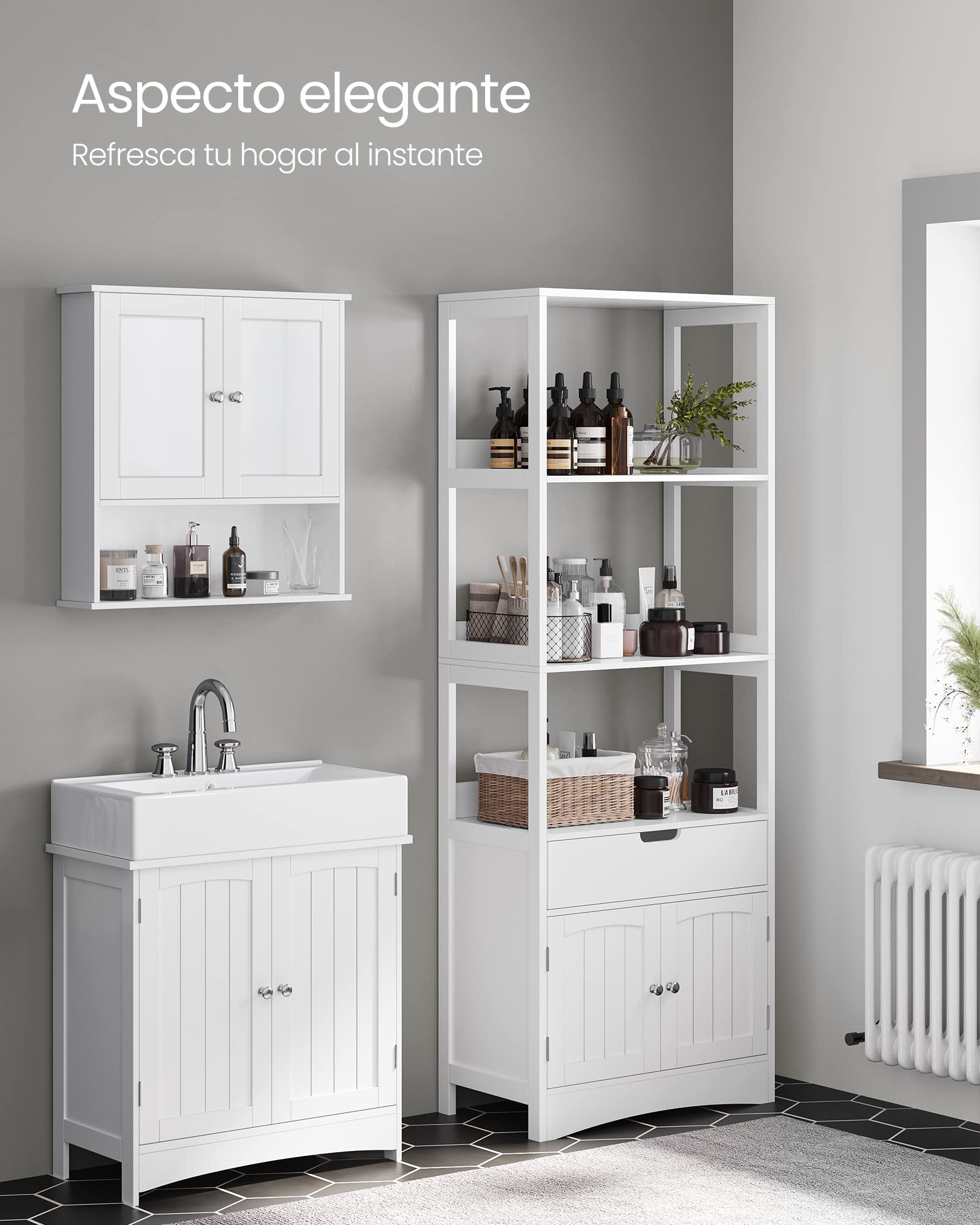 VASAGLE Armario de Baño, Armario Alto, Estantería Independiente, con 3 Estantes Abiertos, 1 Cajón Grande, 32,5 x 60 x 154 cm, para Sala de Estar, Cocina, Estudio, Blanco BBC67WT | Sofie BBC67WT - Estantería de baño multiusos (32,5 x 60 x 154 cm), color bl