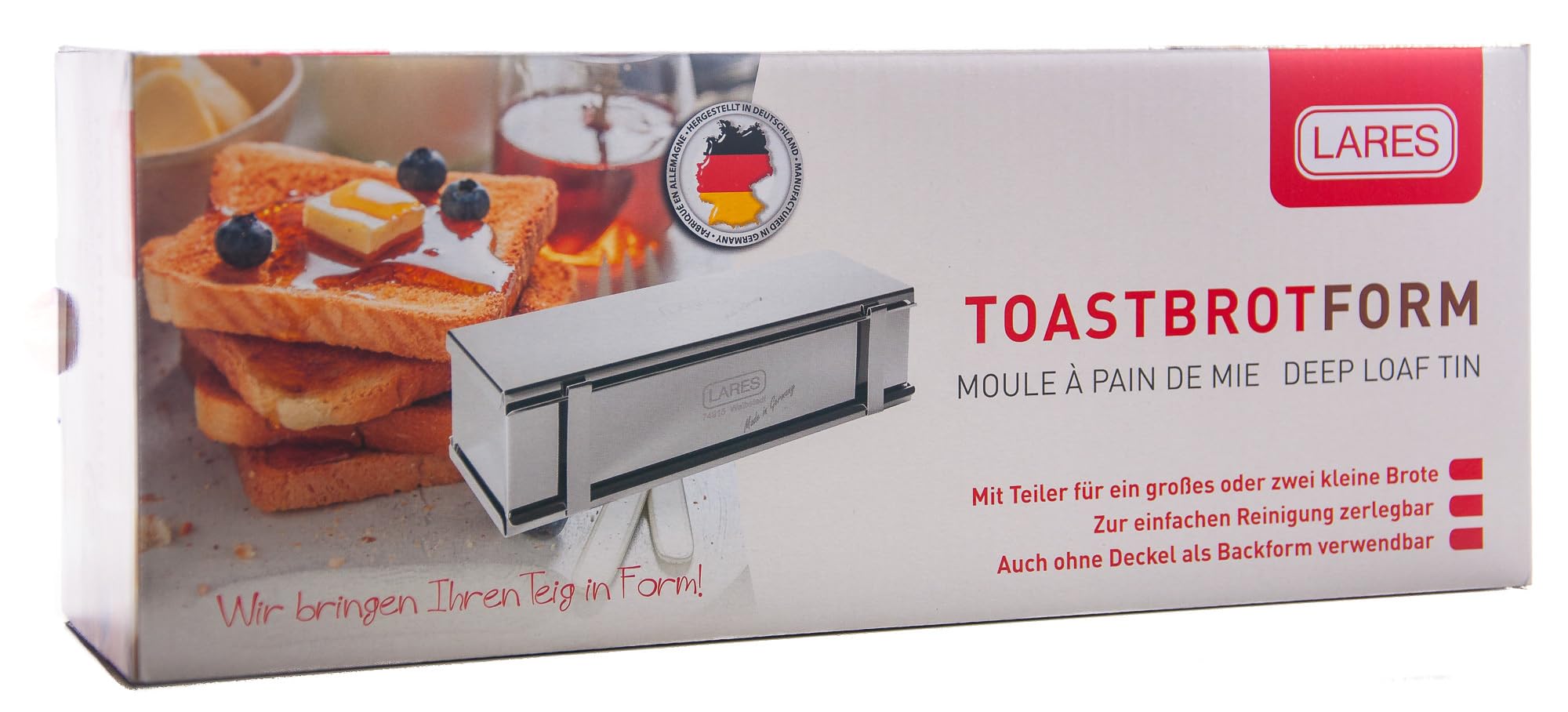 Lares Toastbrotform Edelstahl mit Teiler 30x10x9 cm – Für Toast, Vollkornbrot, Früchtebrot, Kuchen –– Spülmaschinenfest – Made in Germany