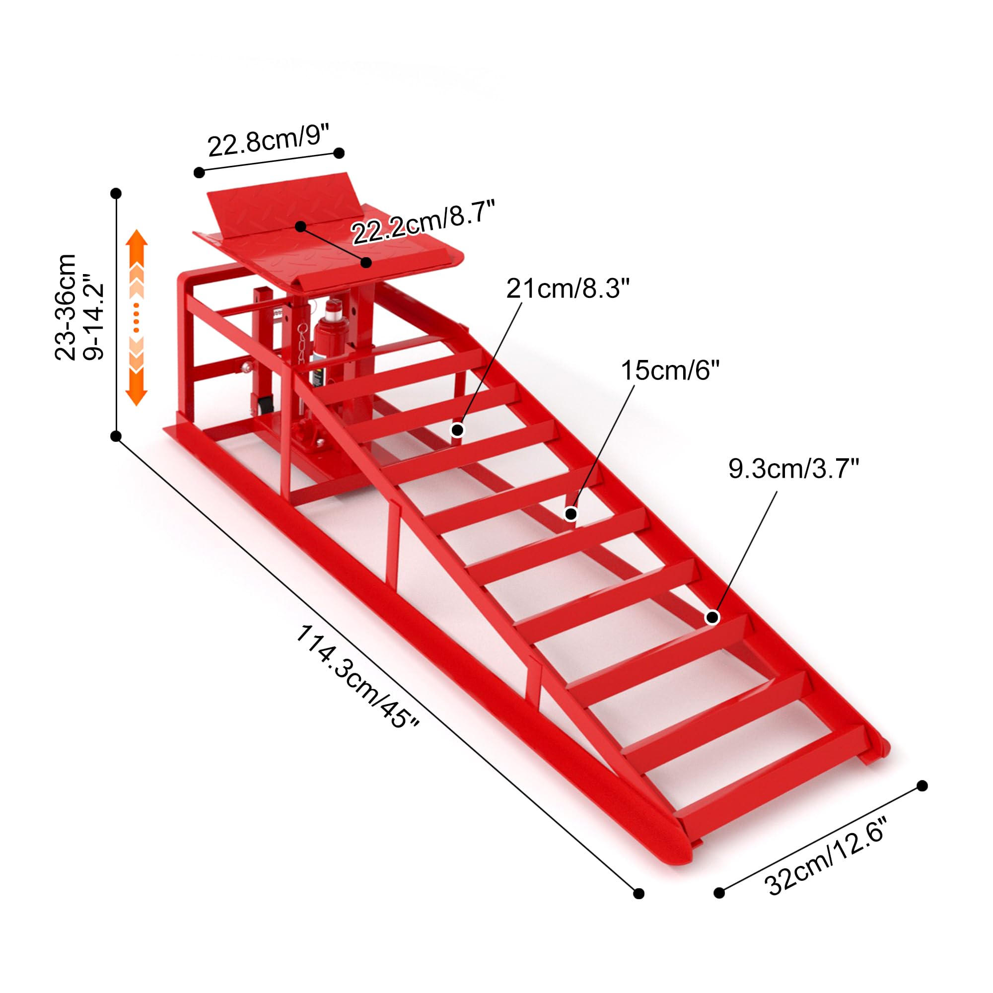 Hydraulischer Rangierwagenheber 5t mit Auffahrrampen Set – Schwerlast Hebebühne Auto für Ölwechsel, Hub 23-36 cm, fahrbare Rampe mit Sicherheitsverriegelung, Rot