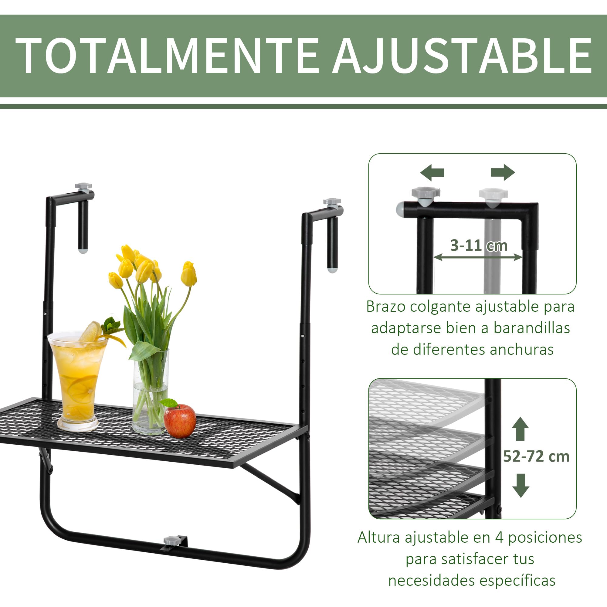 Outsunny Mesa Colgante de Balcón Plegable 60x60x57-72 cm Negro | De Metal para Barandilla, Altura Ajustable en 4 Niveles, Carga 10 kg, Terraza Jardín Exterior