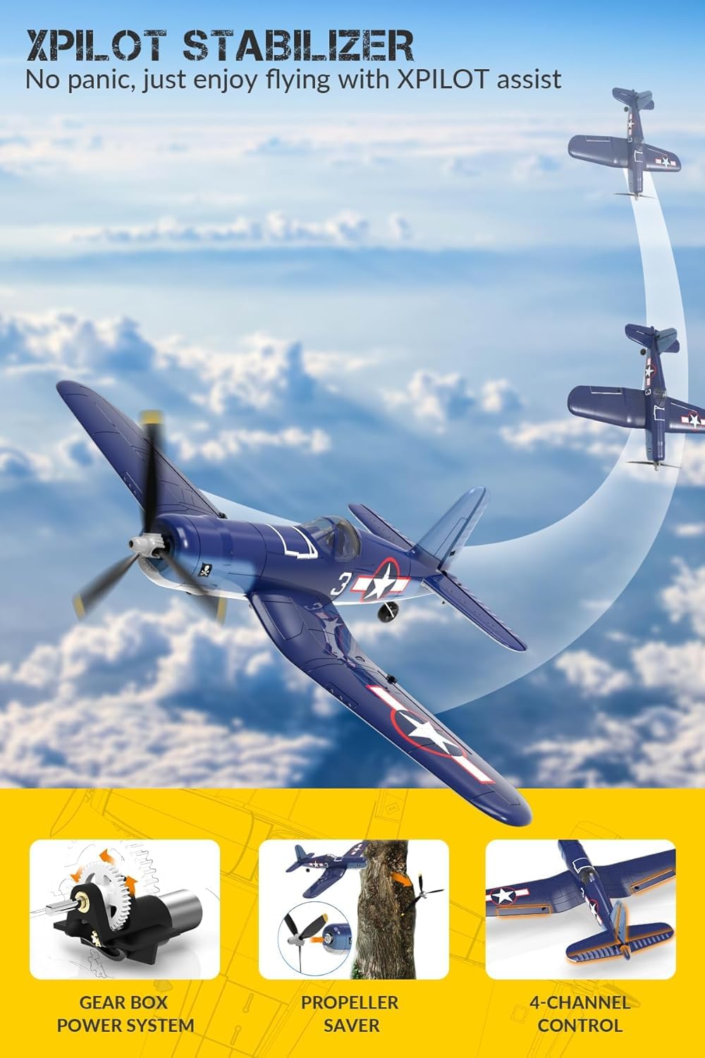Fremego F4U RC Flugzeug, 2.4Ghz 4CH Jagdflugzeug Corsair Ferngesteuertes Flugzeug Modell Kunstflug Flugzeuge für Anfänger Erwachsene RTF
