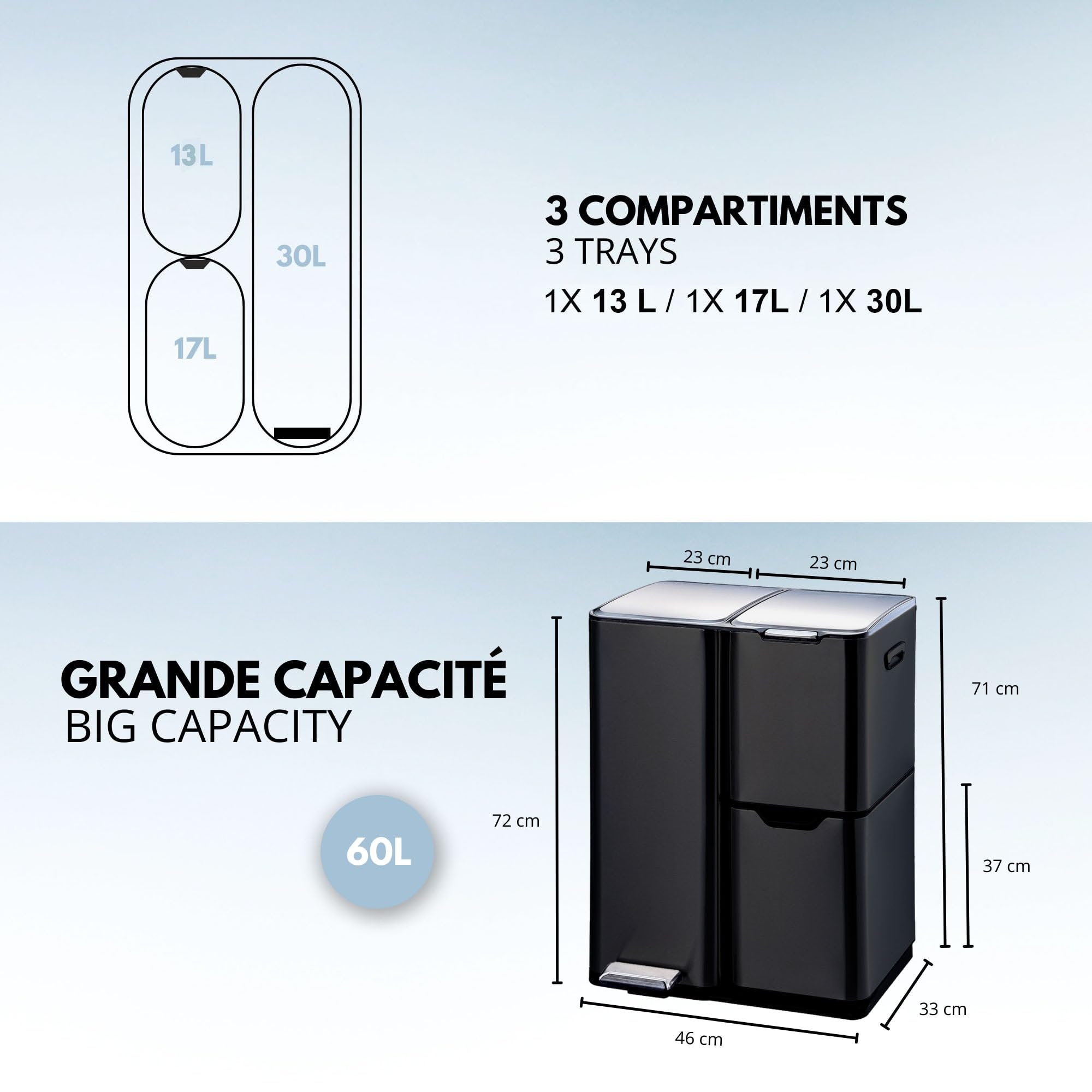 KITCHEN MOVE Poubelle de cuisine à pédale tri sélectif recyclage 60L(13+17+30L) HAJA en acier Inox Noir avec seau