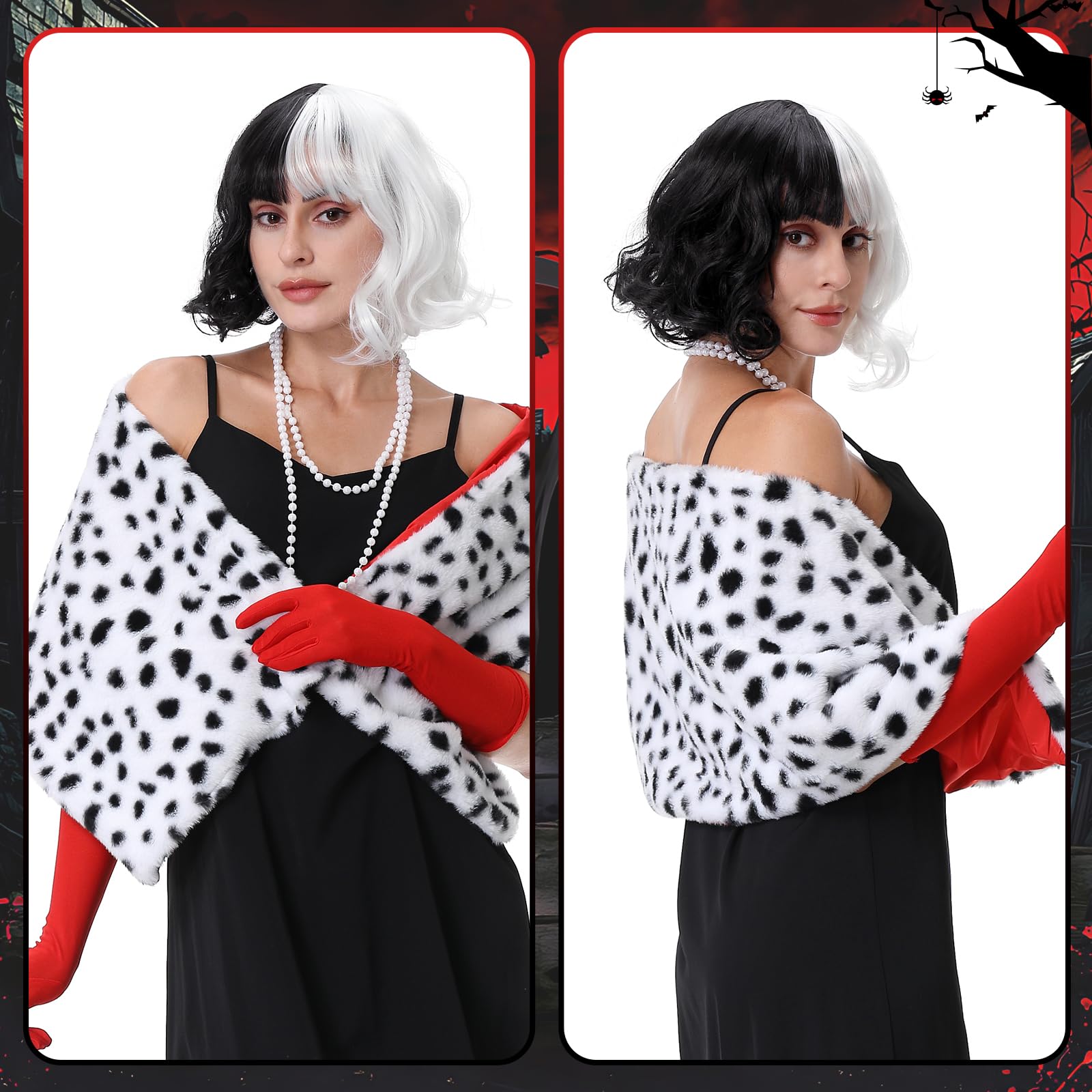 Aragallant Cruella Parrucca in Bianco e Nero, Costume Crudelia Demon Donna, Parrucca Crudelia Demon, Costume di Halloween Accessori con Guanti Rossi, Collana