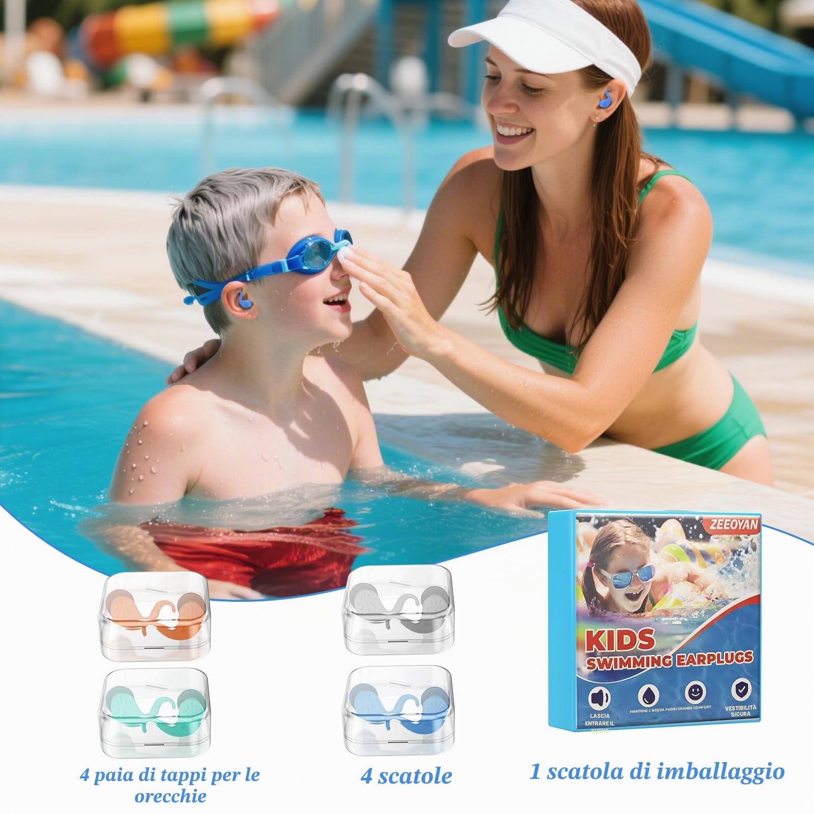 Tappi per le orecchie da nuoto per bambini (4-12 Anni), 4 Paia Tappi Orecchie Piscina in Silicone Riutilizzabili, per doccia, nuoto, surf, snorkeling e altri sport acquatici