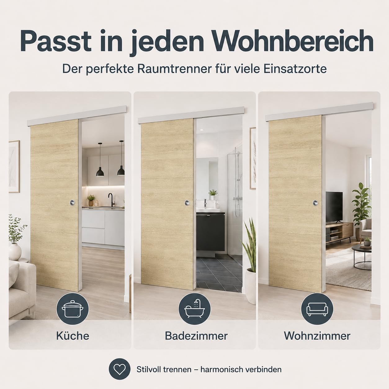 Ondis24 SLIDE Porte coulissante pour appartement avec rail le long du mur, séparateur de pièce intérieur avec rail, système de porte coulissante, séparateur de pièce avec guide au sol, 93 cm, beige