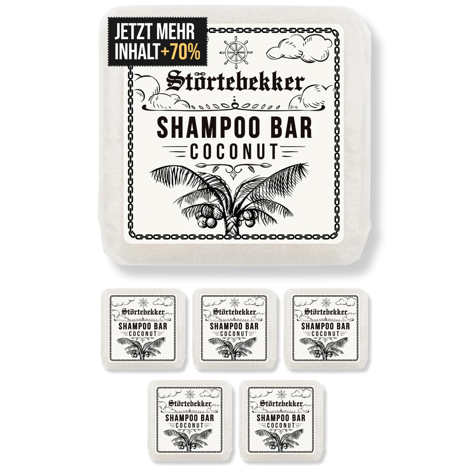 Störtebekker® Premium Shampoo Bar Kokos (6x) - Festes Shampoo Herren & Damen - 3in1 Duschseife Männer für Haare, Kopfhaut & Bart - Feuchtigkeitsshampoo - vegan, handgefertigt - 6x100g