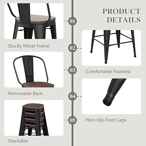 Miniatura 5 de Yongqiang Barstools Set of 4 Counter Height Bar Stools for Kitchen Island Farmhouse Metal High Back Bar Chairs Wooden Seat 24" Matte Black Negro