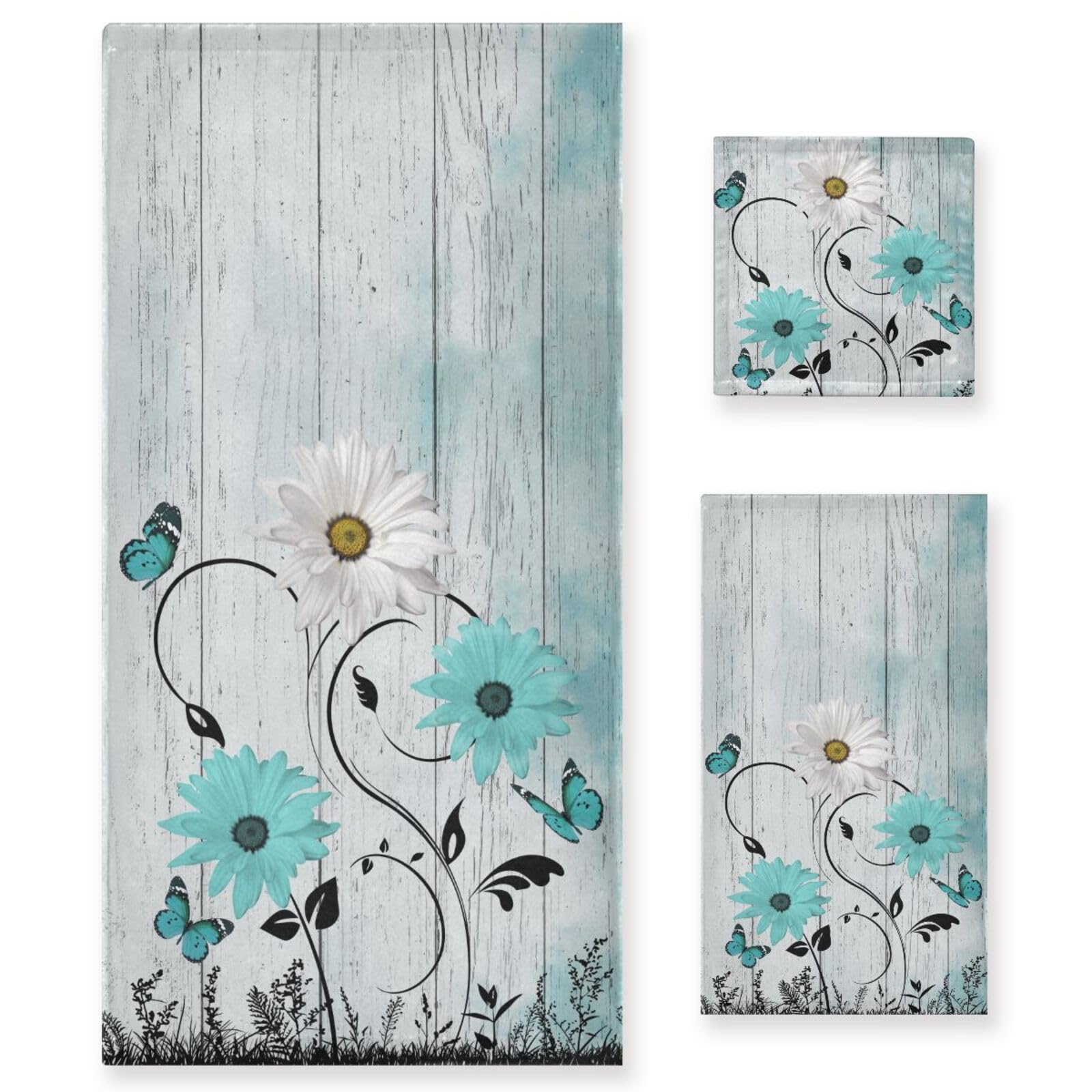 AIYOOLER Teal Aqua White Daisy Flower Bath Towels Set,3 Piece Soft Rustic Butterfly Wooden Towel Set,1 Bath Towel 1 Hand Towel 1 Washcloth,Absorbent