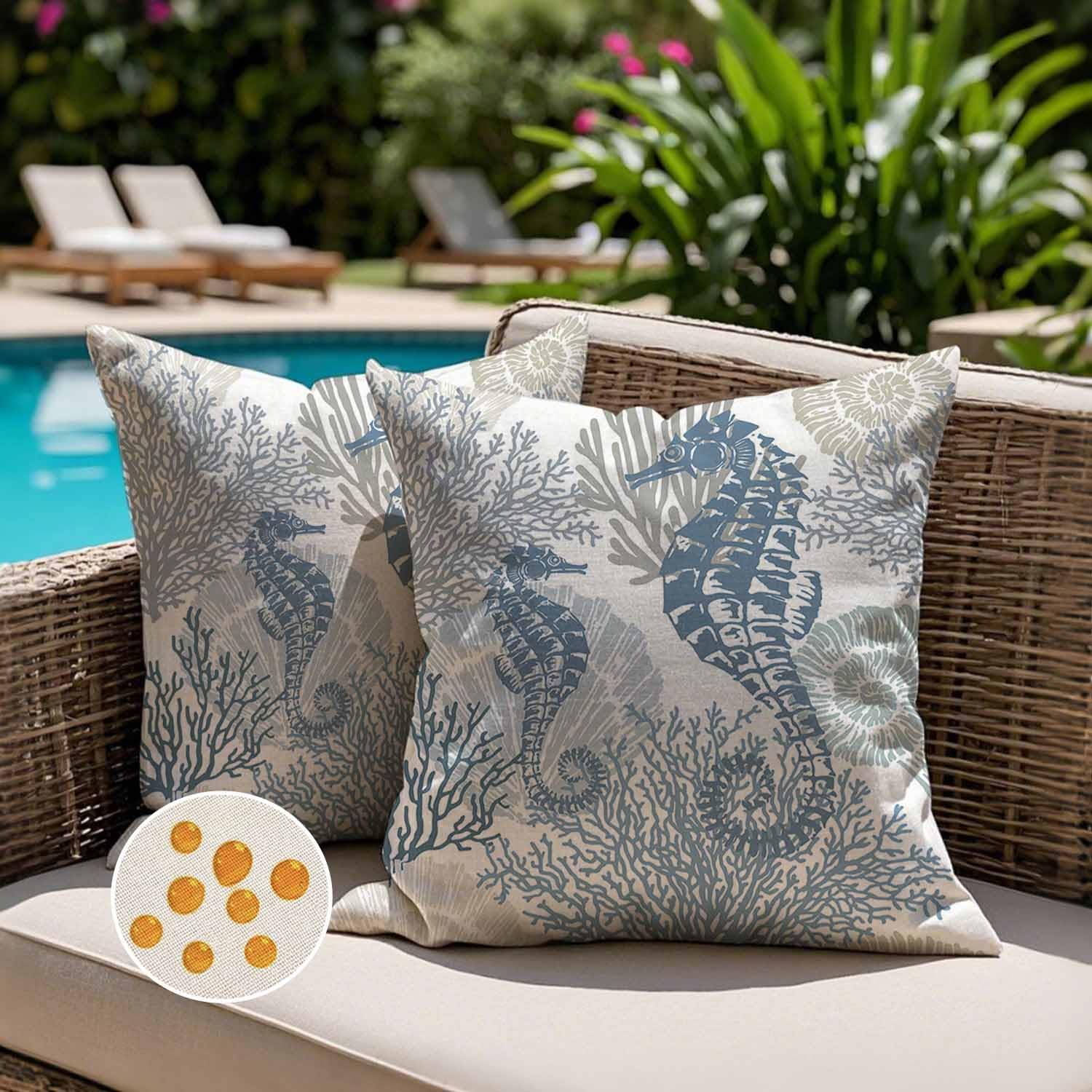 Jayusaror Outdoor Cushion Cover 40 x 40 cm Waterproof Navy Blue Nautical Coastal Starfish Summer Beach Themed Ocean Seashell Coral Seahorse Decorative Pillow Cases for Sofa Garden Set of 2