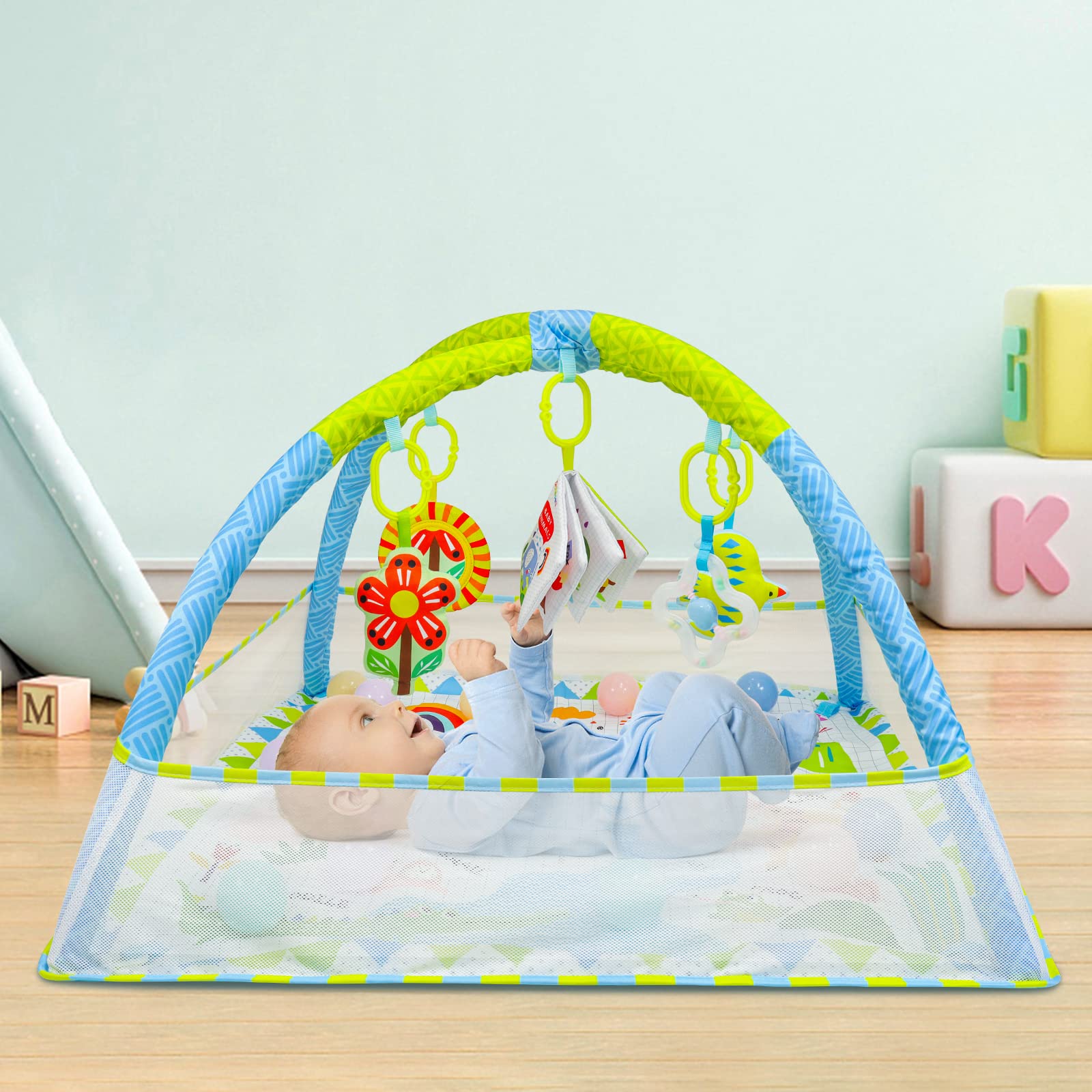Dr.Rapeti Tapis d'éveil Bébé, Eveille Avec Ballon, Tapis Sensoriel de jeu avec arche, Jouets Amovibles, Miroir, Livre en Tissu, Balles
