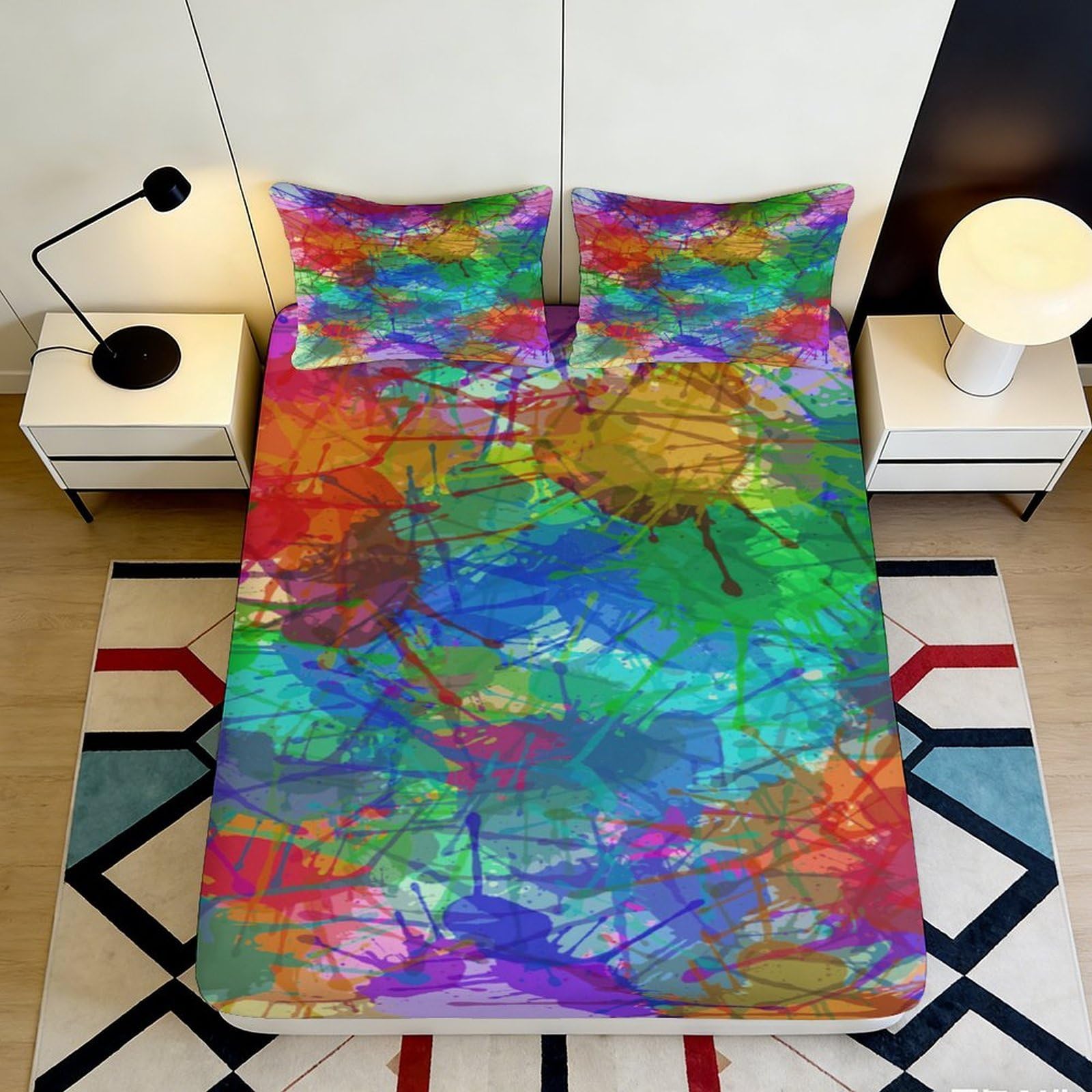 Jqzkxnhpbr Style-10 3D Printed Abstract Color Splash Fitted Sheet Microfiber Soft Vibrant Rainbow Art Mattress Cover For Bedroom Decor 90X200x25cm