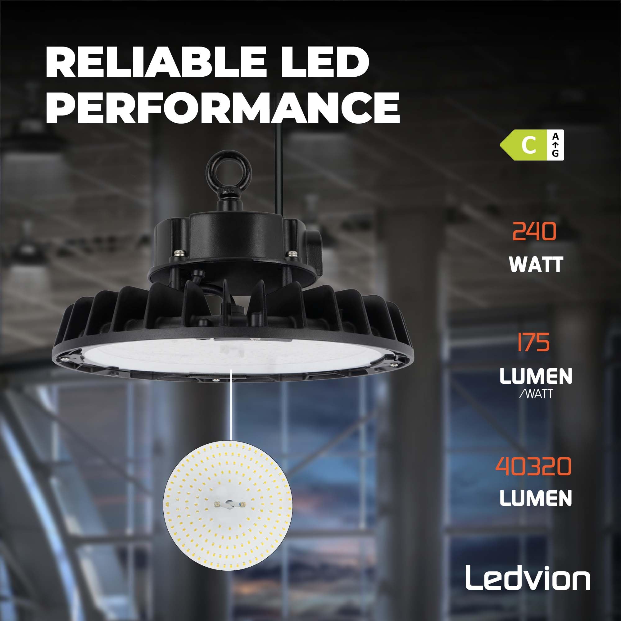 Ledvion LED Hallenstrahler 240-190-140W 175lm/W 6500K Dimmbar IP65 | 175 lm/W, dimmbar in 3 Stufen, IP65, 5 Jahre Garantie