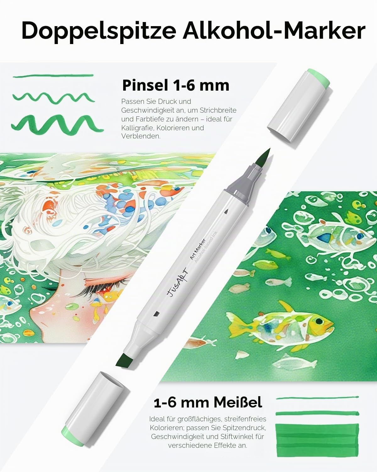 JusArt Alkohol Marker 72 Farben Pinsel Marker Stift,Doppelseitige Graffiti Stifte mit Pinsel und Meißel,Alkoholmarker für Malbücher für Erwachsene, Zeichnen, Illustrationen, Skizzieren