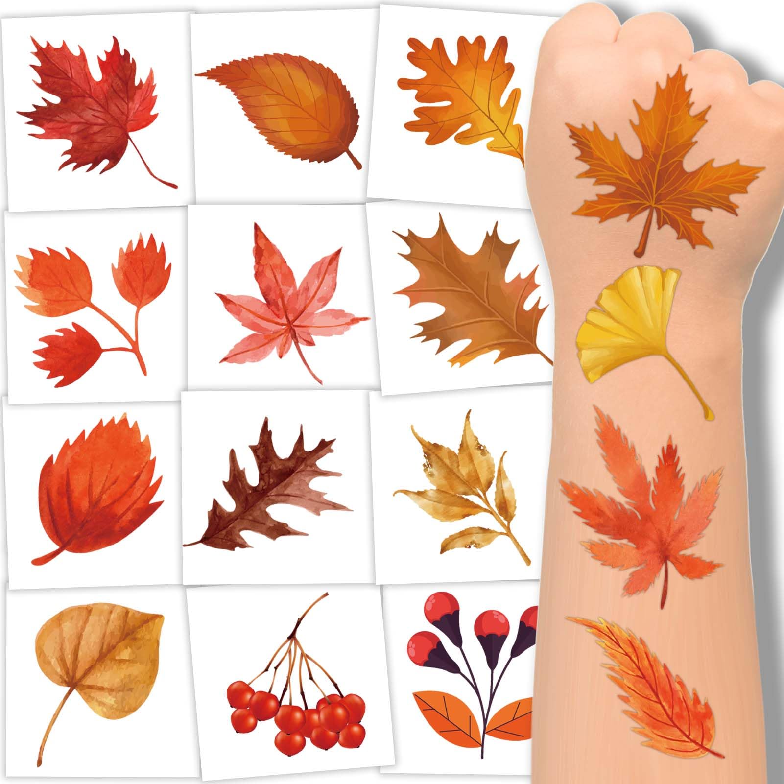winthrop 96 Pcs Fall Leaf Temporary Tattoos for Kids, Maple Leaves Maple Leaves Temporary Tattoos