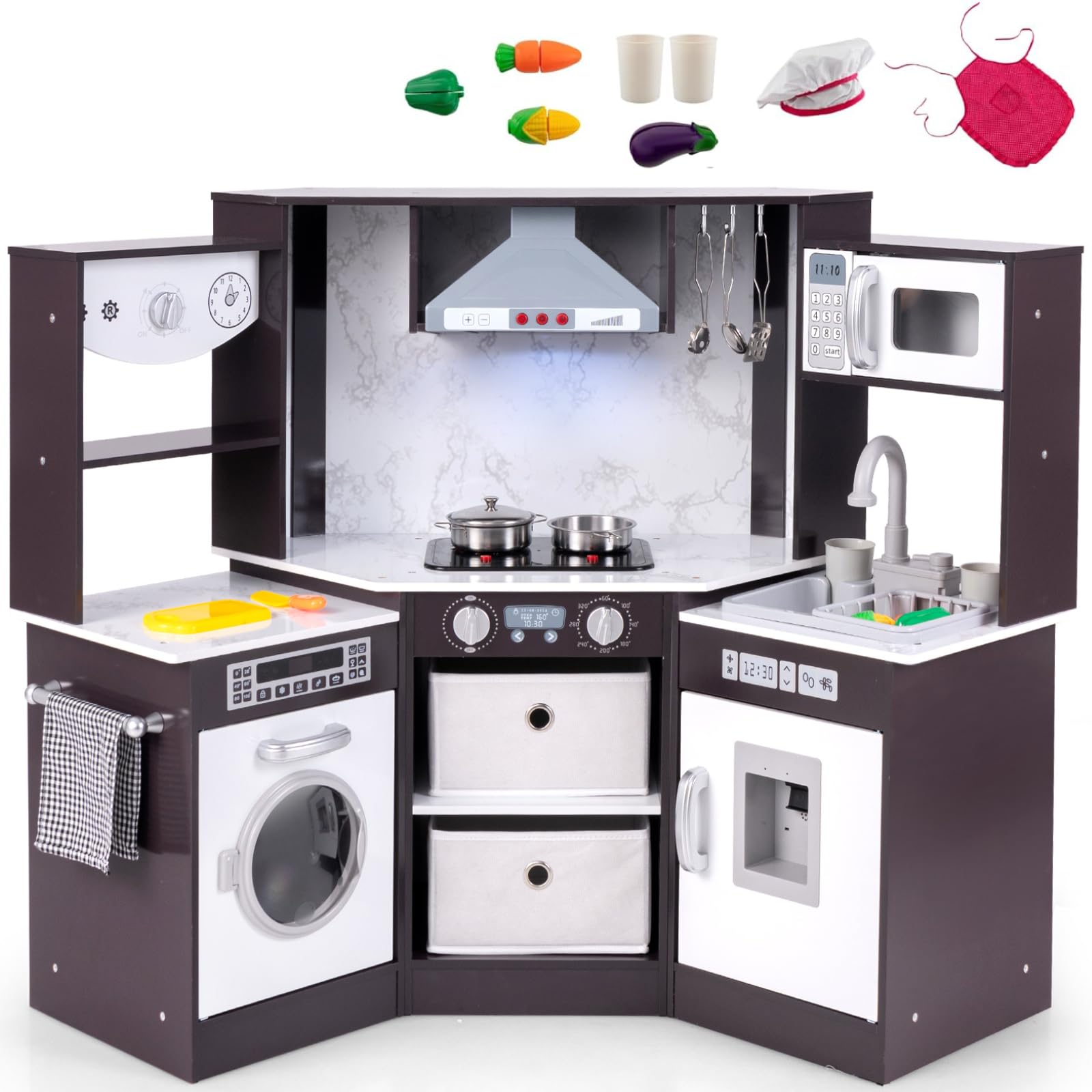 GYMAX Kids Corner Kitchen, Wooden Toy Kitchen with Sink, Stove, Microwave, Lighted Range Hood, Water Circulation, Water Dispenser & Washing Machine, Play Kitchen for 3 + Years Old (Pink+White)