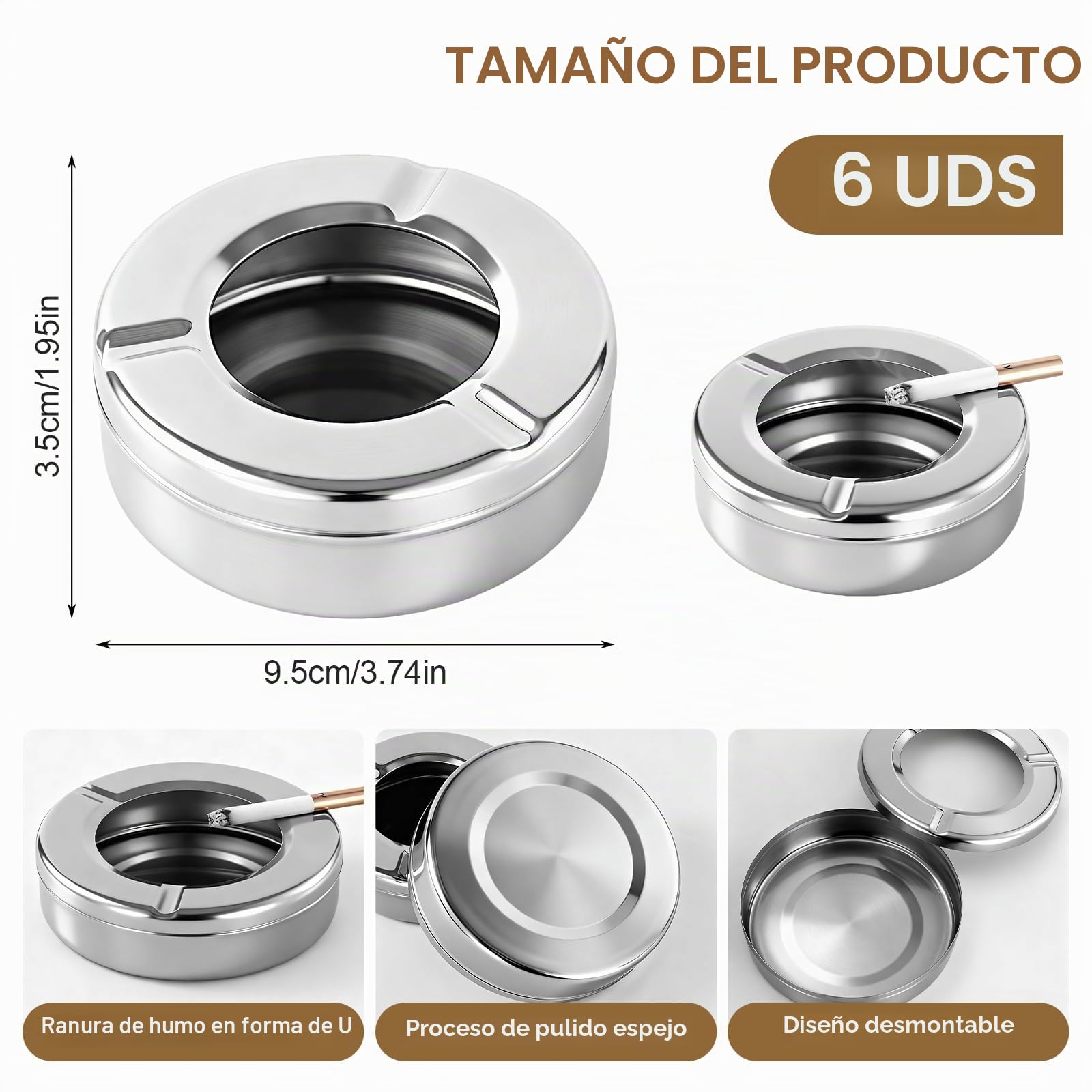 Cenicero de acero inoxidable de 10 cm con tapa Cenicero de mesa moderno tipo viento al aire libre oficina en casa fiesta balcón al aire libre para protección contra cenizas volantes 6 piezas