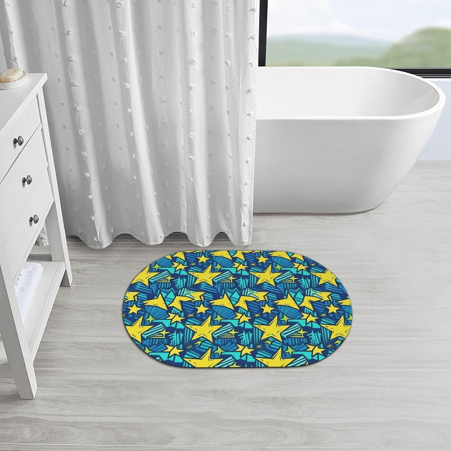 Stone Bath Mats Blue and Yellow Stars Pattern Diatomaceous Earth Bath Mat Super Absorbent Bathroom Floor Mat Quick Drying Diatomite Shower Mat for Shower Bathtub Bathroom Accessory 16x24in