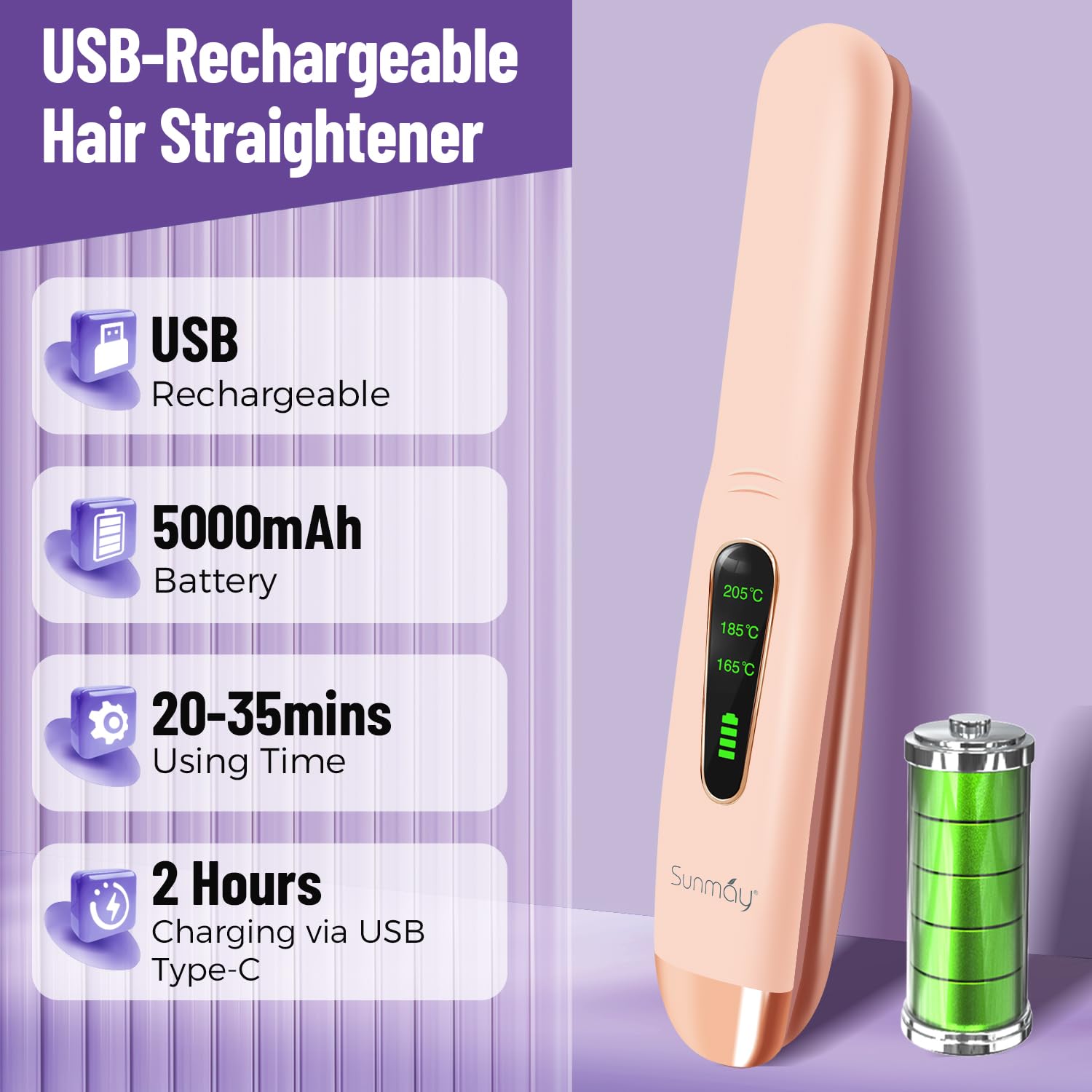 SUNMAY Voga Fer à lisser Sans Fil 2 en 1, Lisseur Boucleur Cheveux Titane Mini Voyage USB Rechargeable, 3 Réglages Température Chauffage Rapide, 5000 mAh Rose