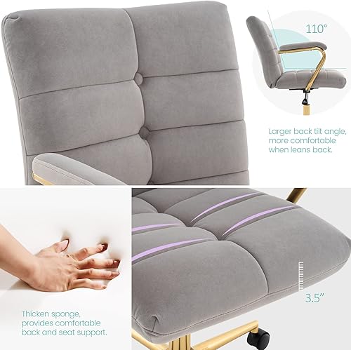 Miniatura 4 de Silla de escritorio de terciopelo para oficina en casa, silla giratoria ajustable tapizada con ruedas, silla de computadora copetuda con respaldo