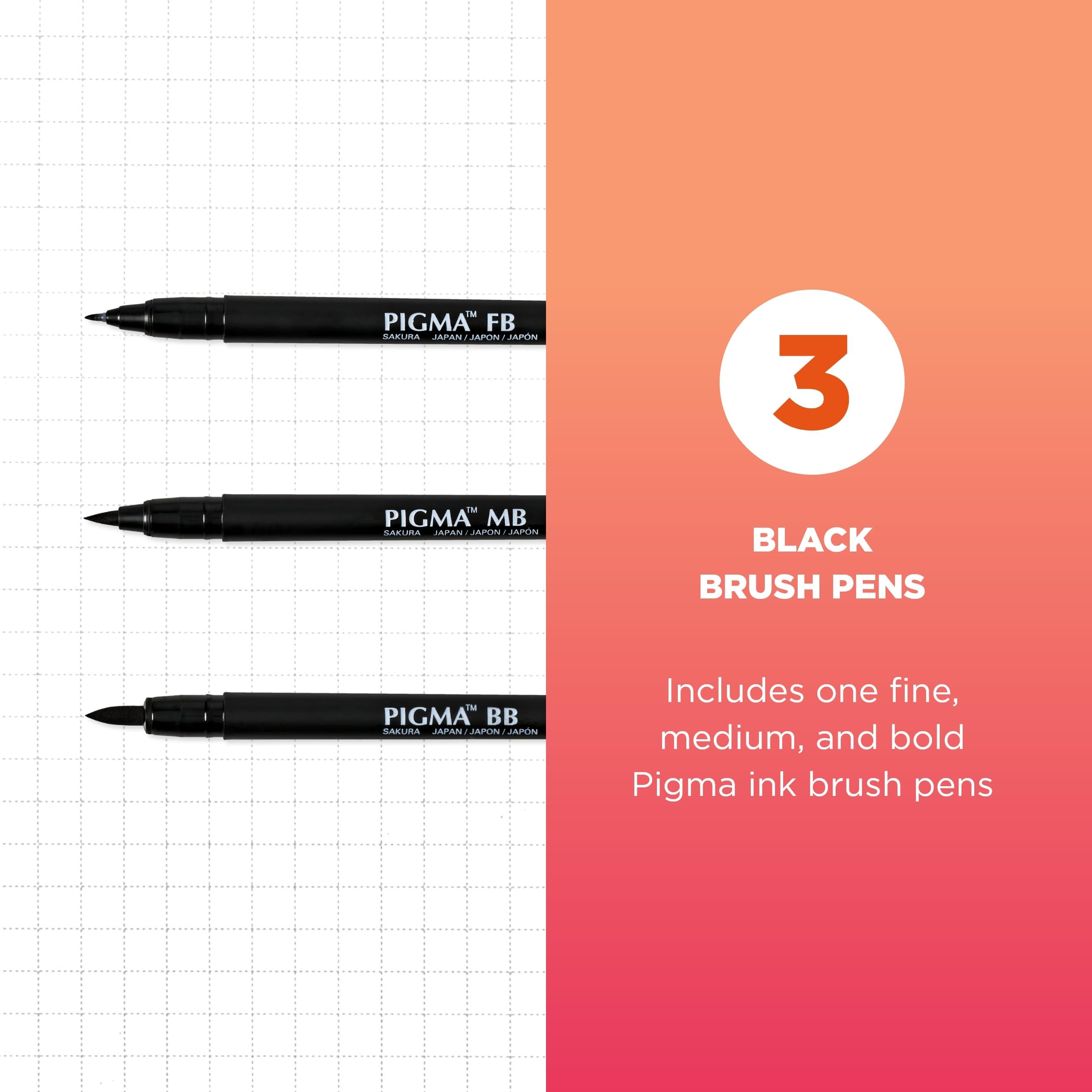 SAKURA Pigma Professional Brush Pens - Archival Black Ink Pens - Pens for Lettering, Modern Calligraphy, or Drawing - Brush Nibs - 3 Pack